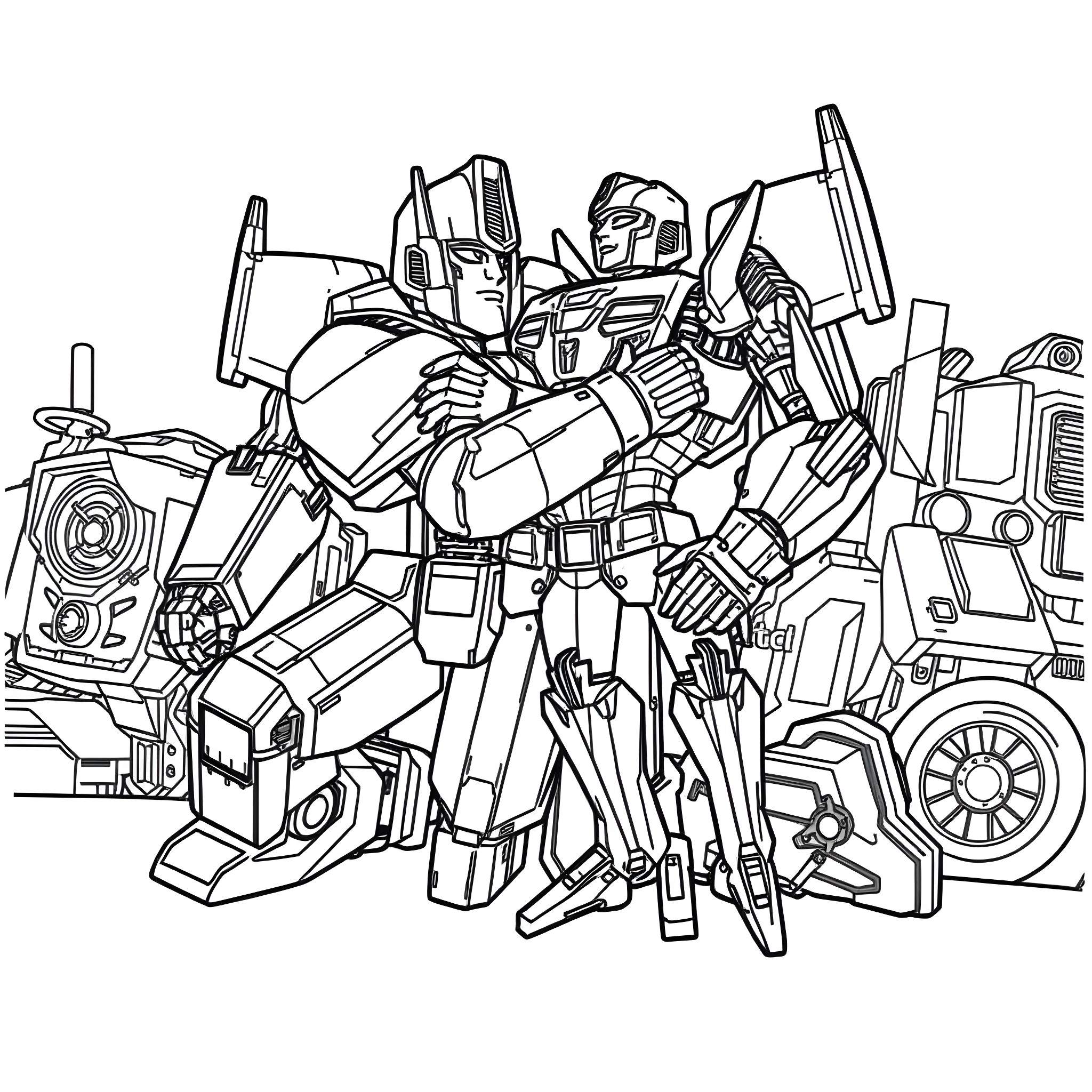 Optimus Prime in heroic action with robotic companions Coloring Page (free black-and-white line drawing printable PDF for all, from beginners to advanced learners, including children, teens, adults, and seniors)