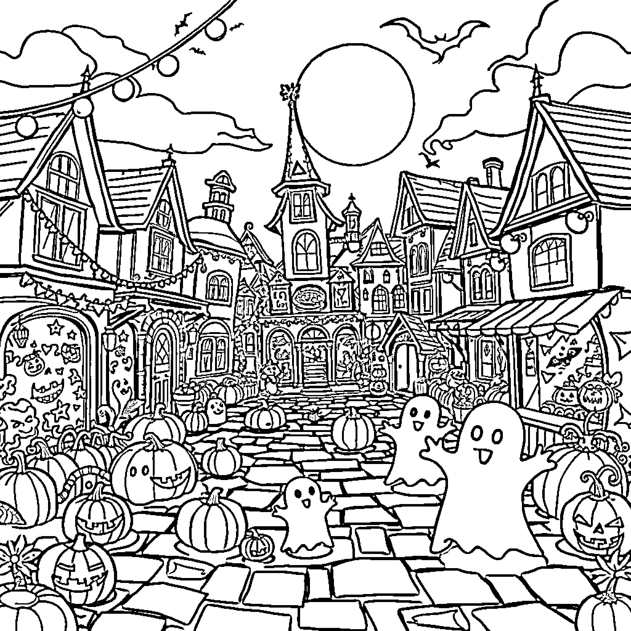 Halloweentown filled with spooky decorations and characters Coloring Page (free black-and-white line drawing printable PDF for all, from beginners to advanced learners, including children, teens, adults, and seniors)