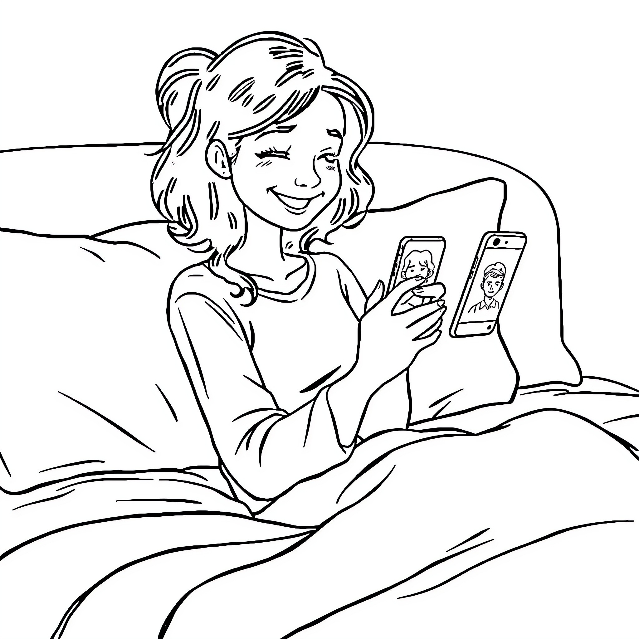 Girl using smartphone in bed Coloring Page (free black-and-white line drawing printable PDF for all, from beginners to advanced learners, including children, teens, adults, and seniors)