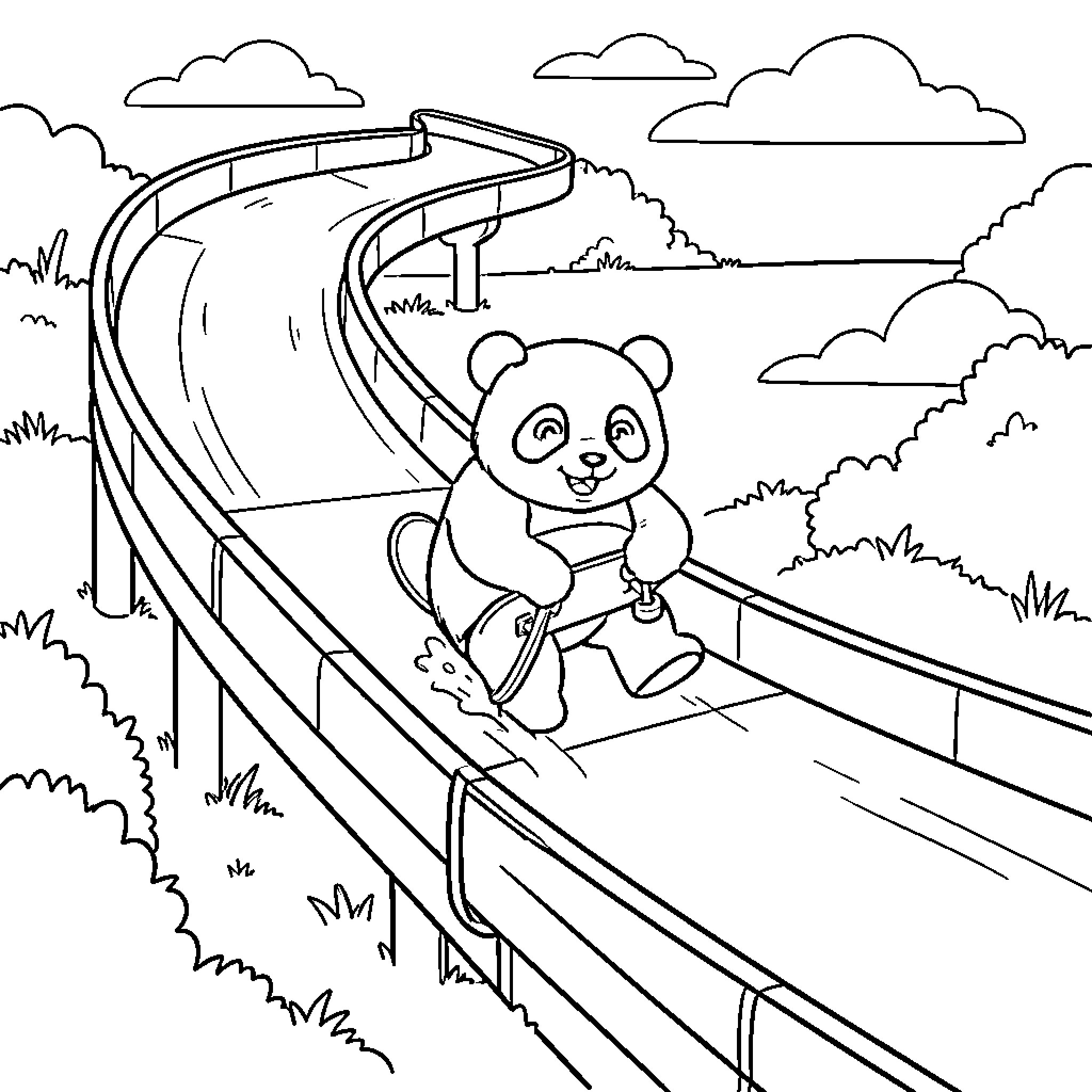 Panda riding happily on a water slide Coloring Page (free black-and-white line drawing printable PDF for all, from beginners to advanced learners, including children, teens, adults, and seniors)