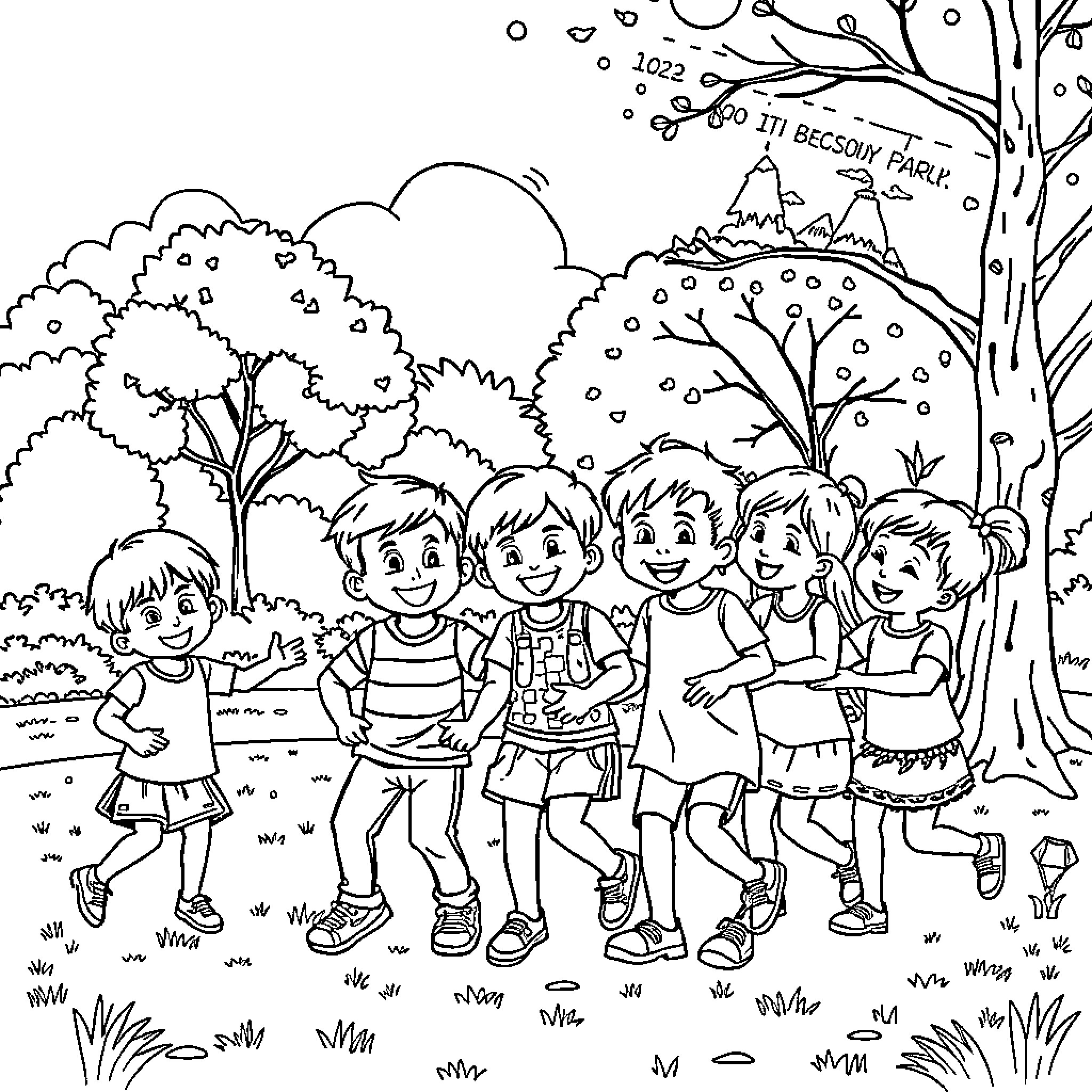 Kids Playing Happily in the Outdoors Coloring Page (free black-and-white line drawing printable PDF for all, from beginners to advanced learners, including children, teens, adults, and seniors)