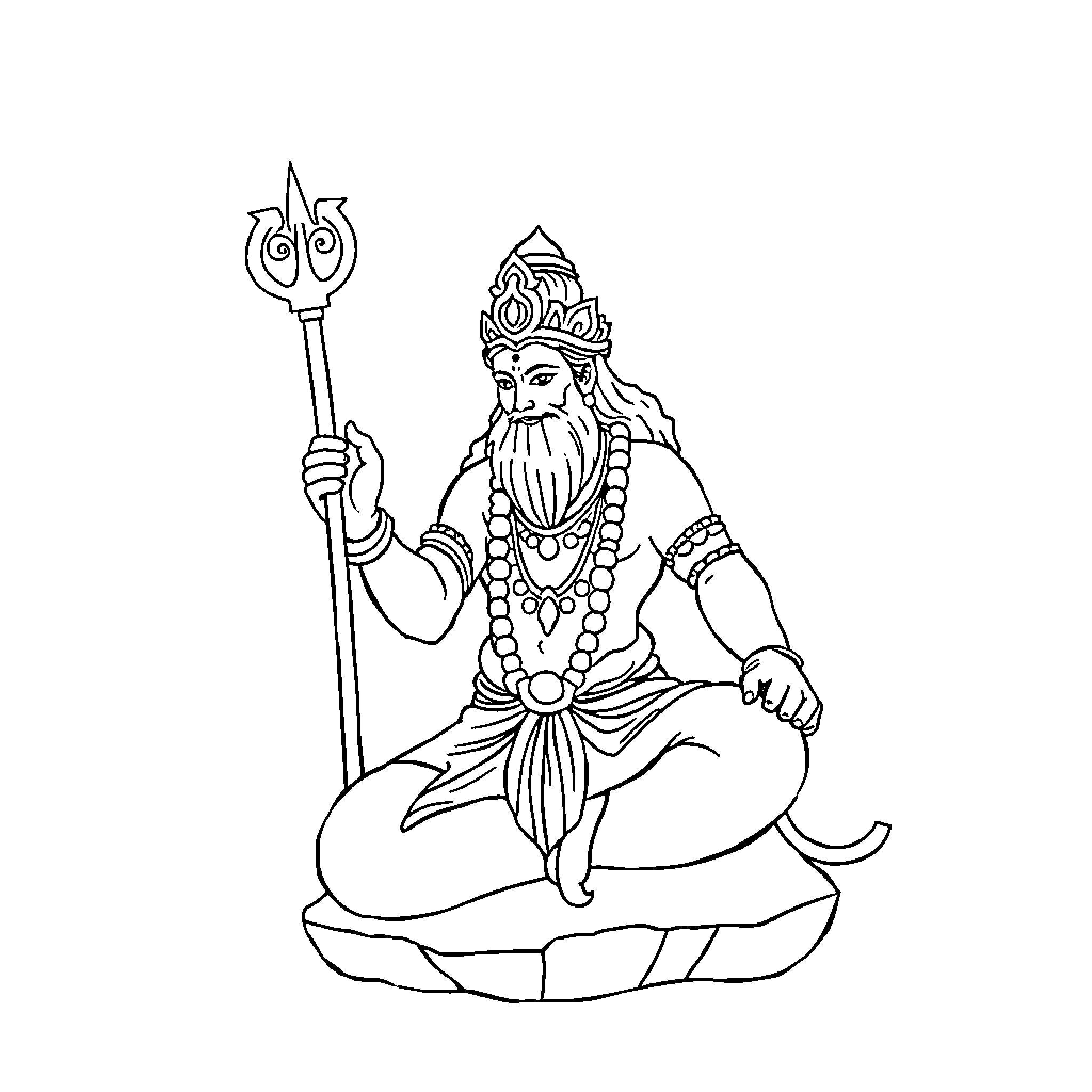 Hanuman the Powerful Monkey God with Trident Coloring Page (free black-and-white line drawing printable PDF for all, from beginners to advanced learners, including children, teens, adults, and seniors)