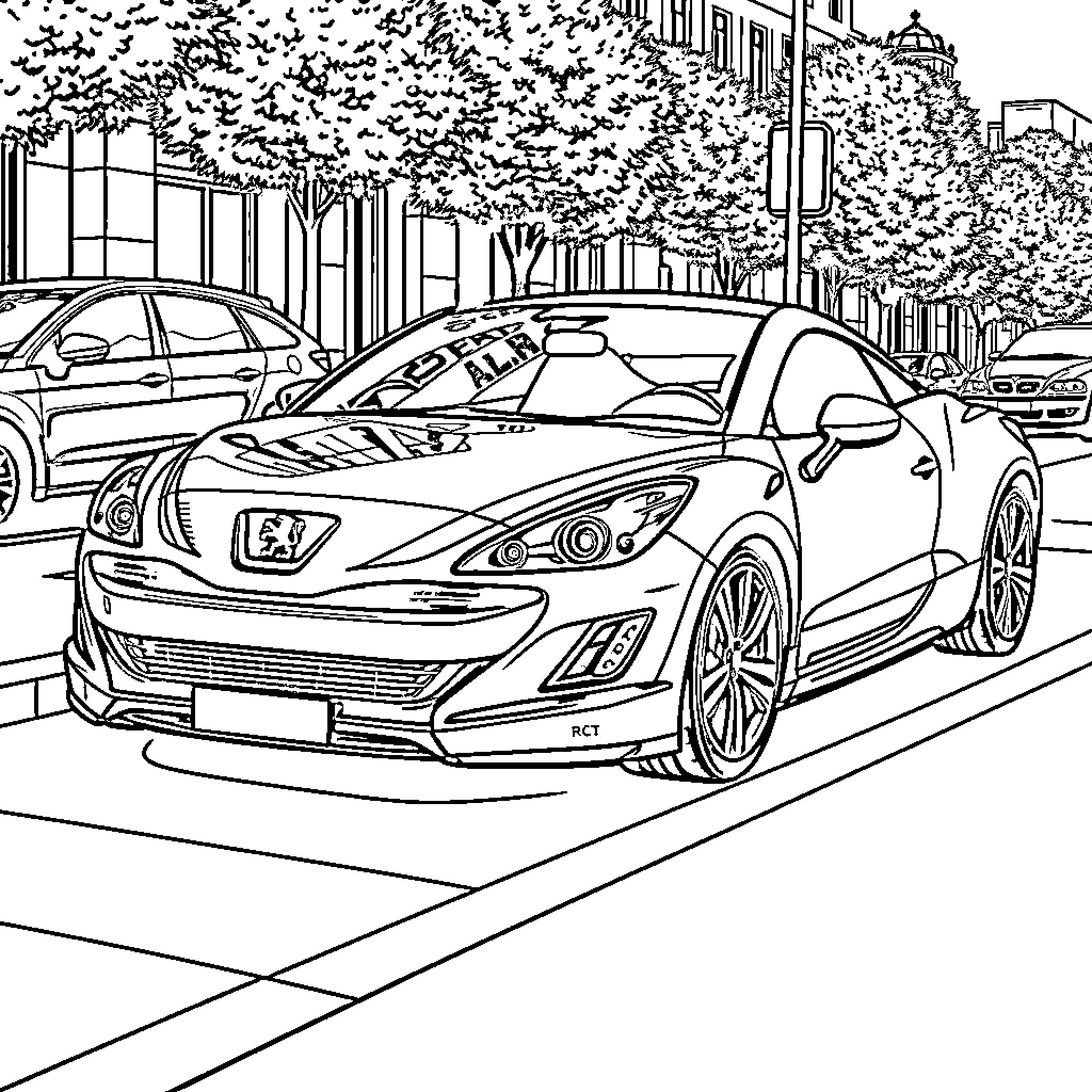 Peugeot sports car in city street scenery Coloring Page (free black-and-white line drawing printable PDF for all, from beginners to advanced learners, including children, teens, adults, and seniors)
