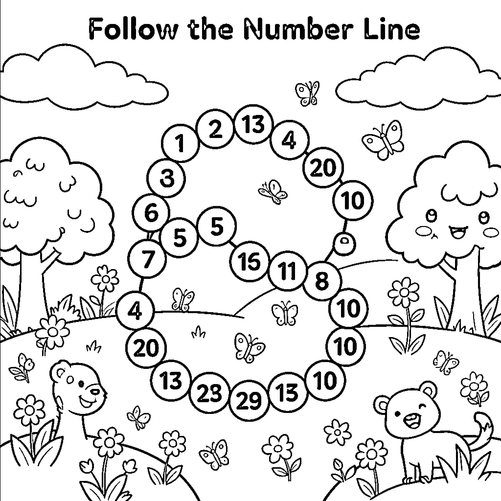 Number Follow the Number Line with Flowers and Animals Coloring Page (free black-and-white line drawing printable PDF for all, from beginners to advanced learners, including children, teens, adults, and seniors)