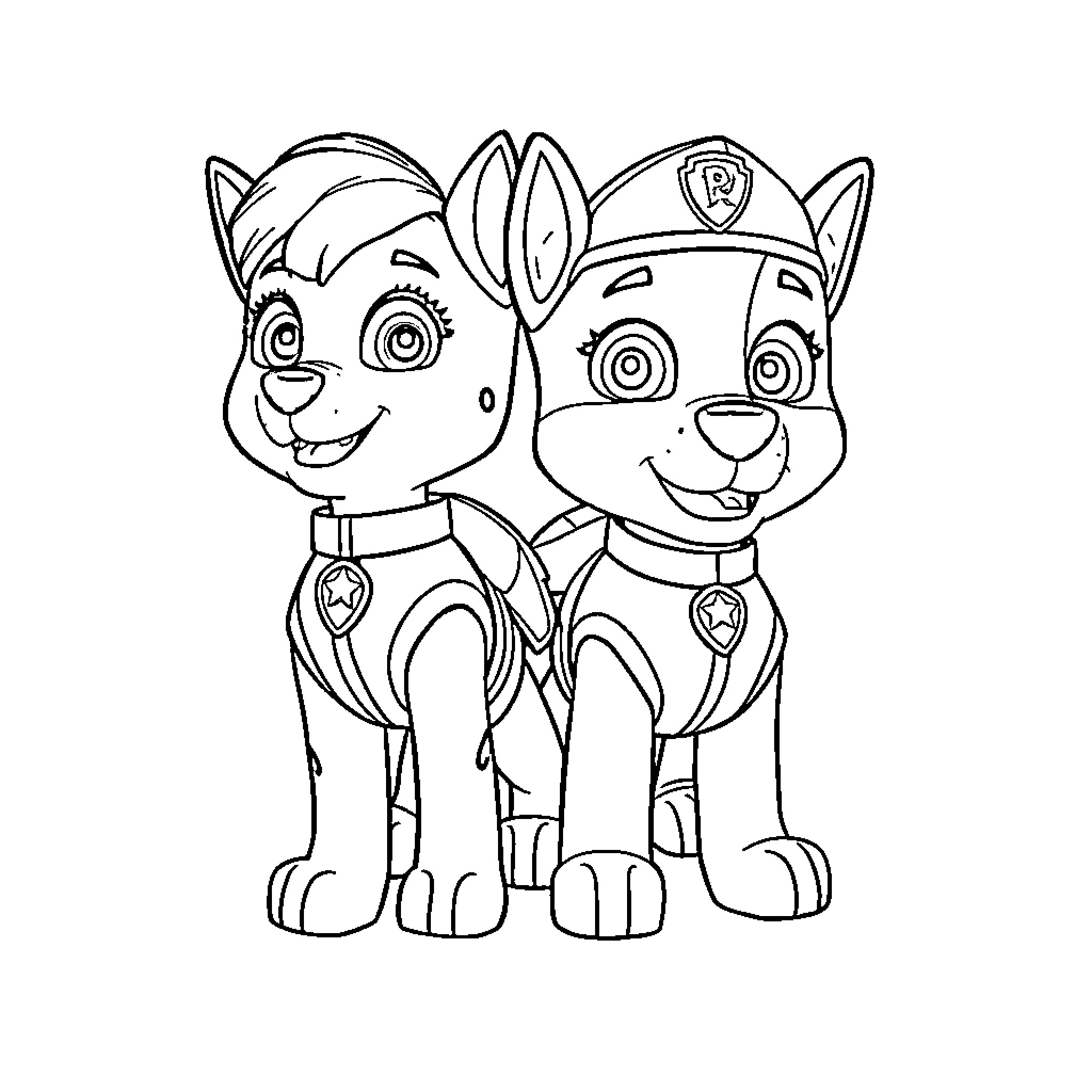 Paw Patrol Pups Happily Together Coloring Page (free black-and-white line drawing printable PDF for all, from beginners to advanced learners, including children, teens, adults, and seniors)