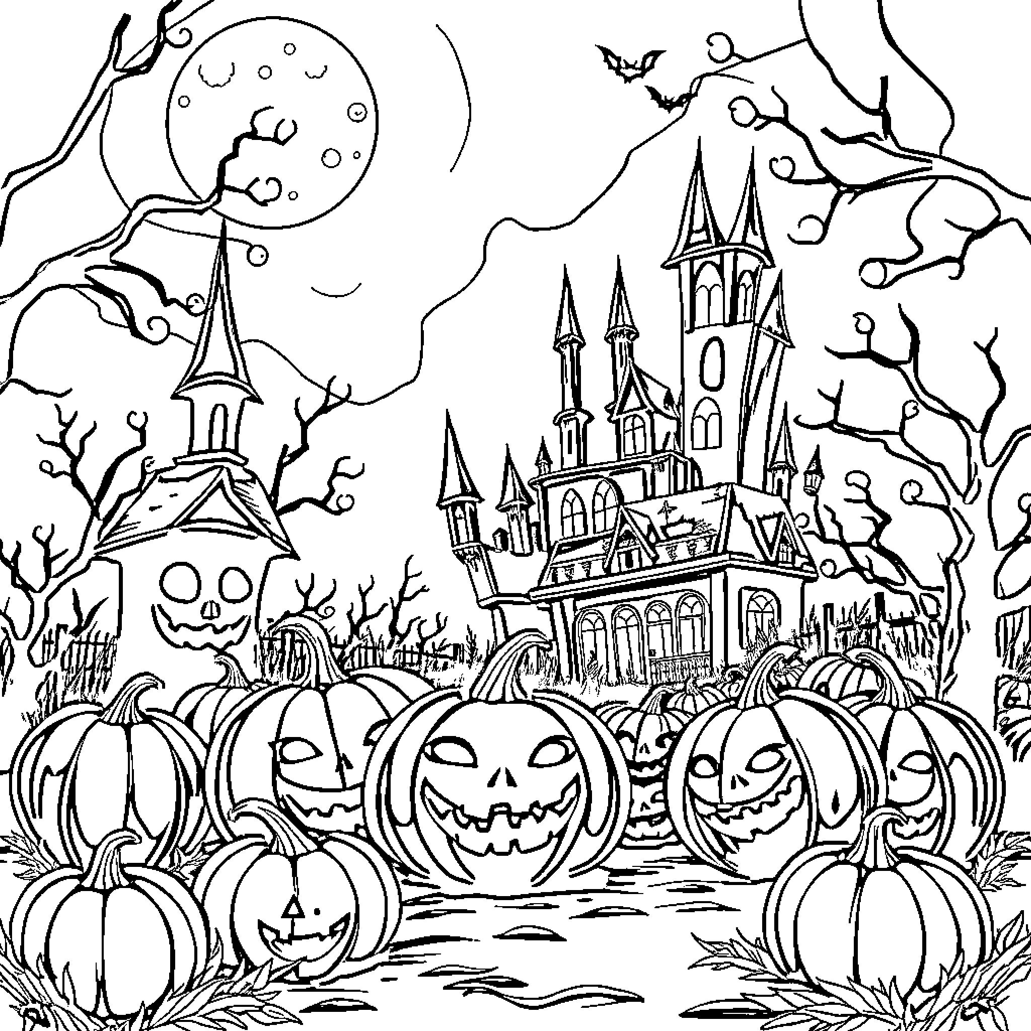 Potato-Themed Halloween Scene with Haunted Castle Coloring Page (free black-and-white line drawing printable PDF for all, from beginners to advanced learners, including children, teens, adults, and seniors)