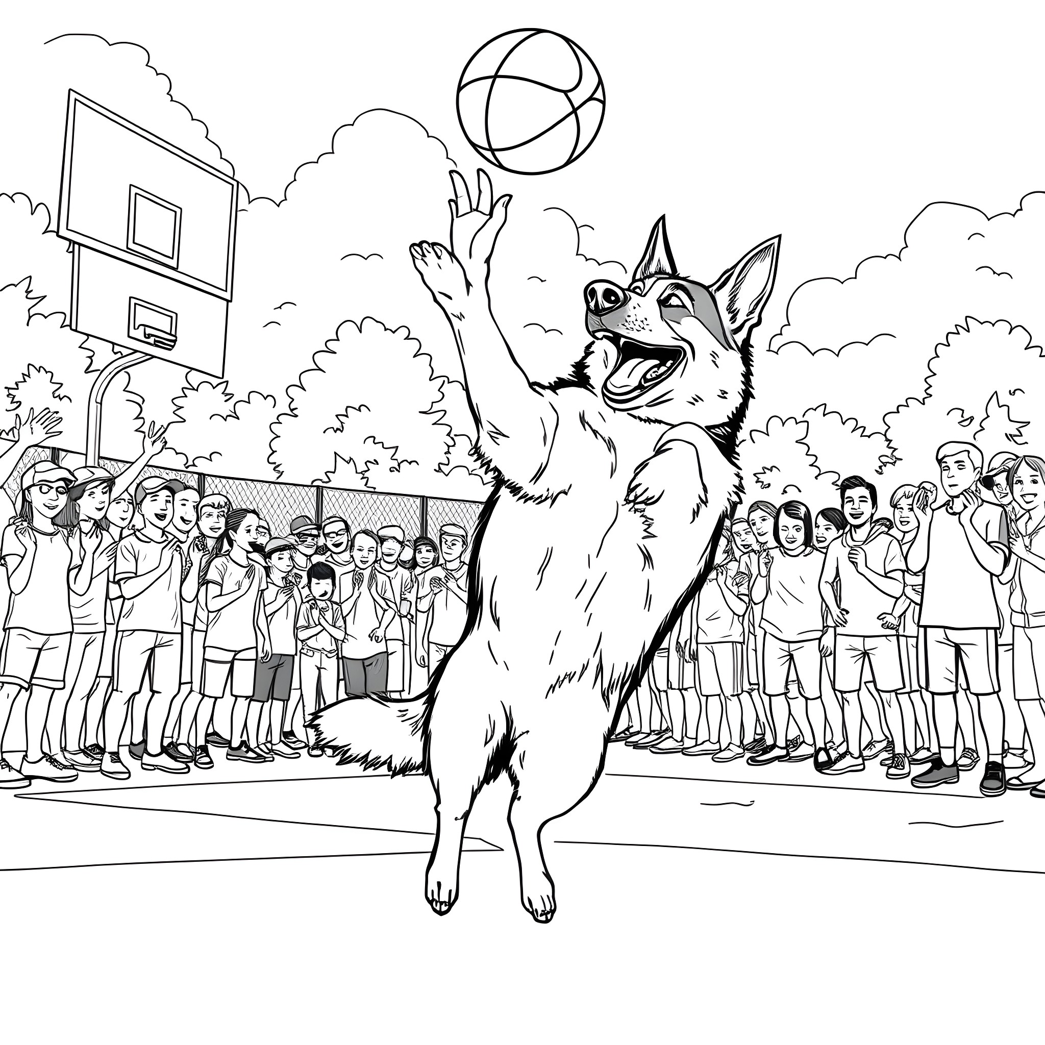 German Shepherd playing with basketball in schoolyard Coloring Page (free black-and-white line drawing printable PDF for all, from beginners to advanced learners, including children, teens, adults, and seniors)