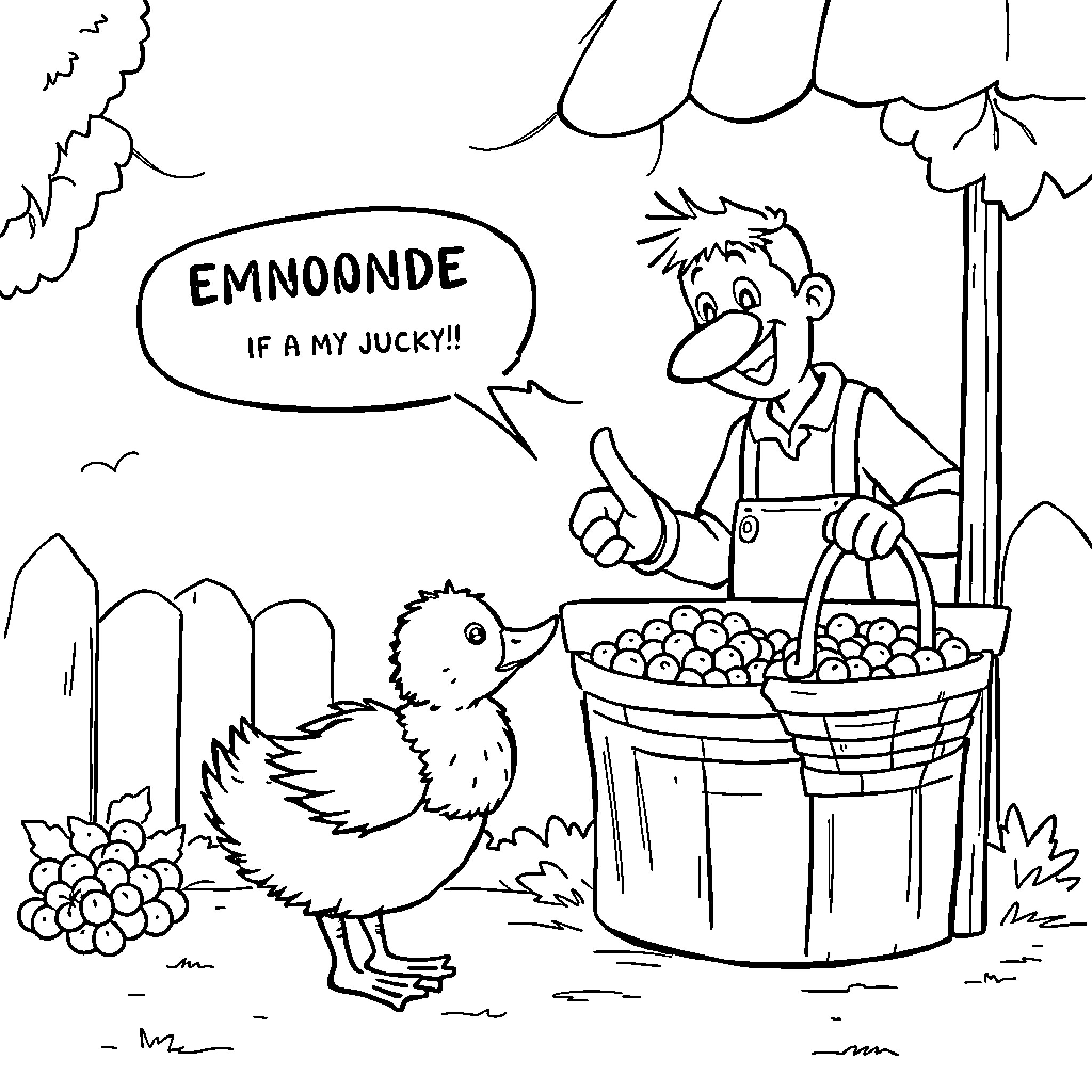 Duck proclaiming if am jucky at the market stall Coloring Page (free black-and-white line drawing printable PDF for all, from beginners to advanced learners, including children, teens, adults, and seniors)