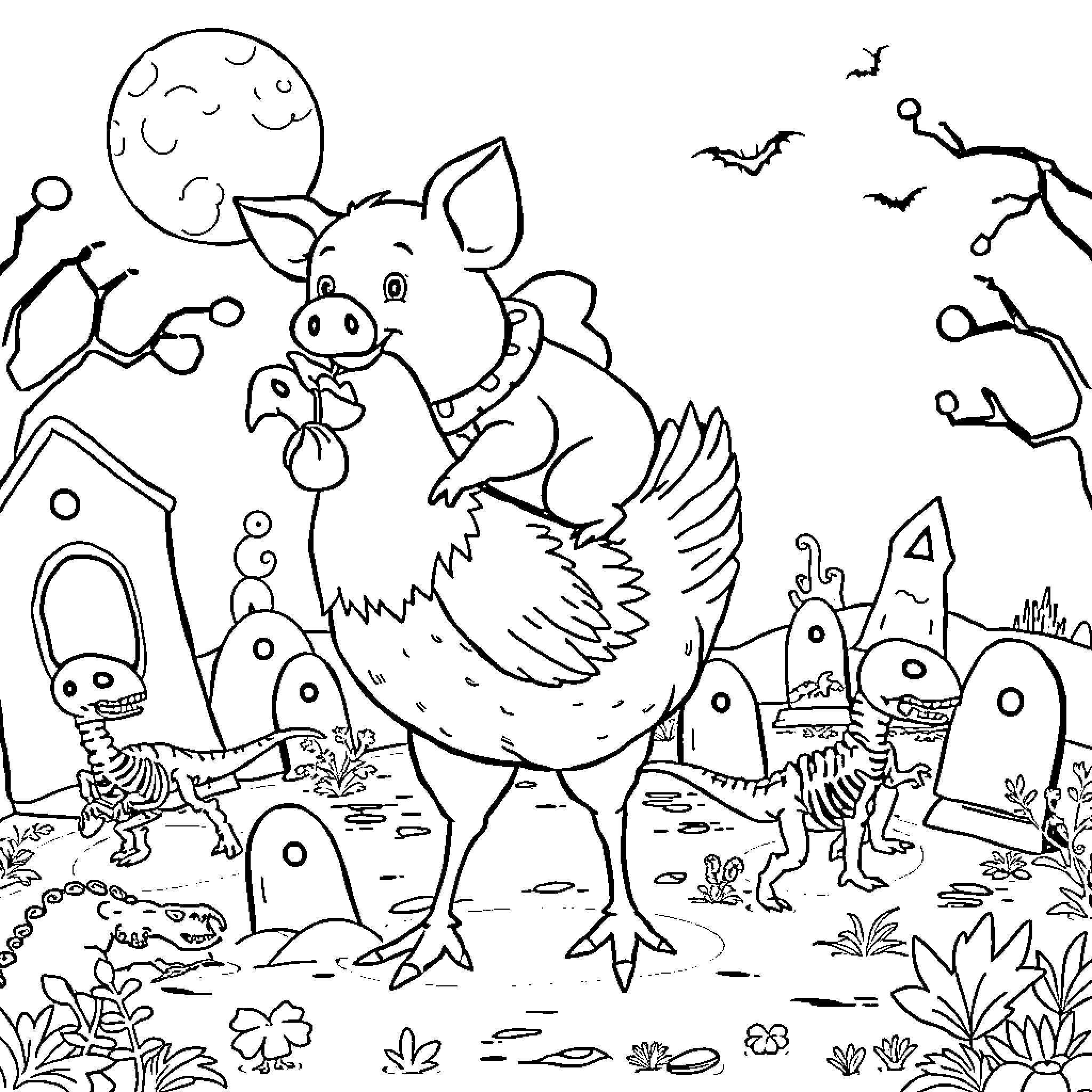 Pig surrounded by spooky creatures in a Halloween scene Coloring Page (free black-and-white line drawing printable PDF for all, from beginners to advanced learners, including children, teens, adults, and seniors)