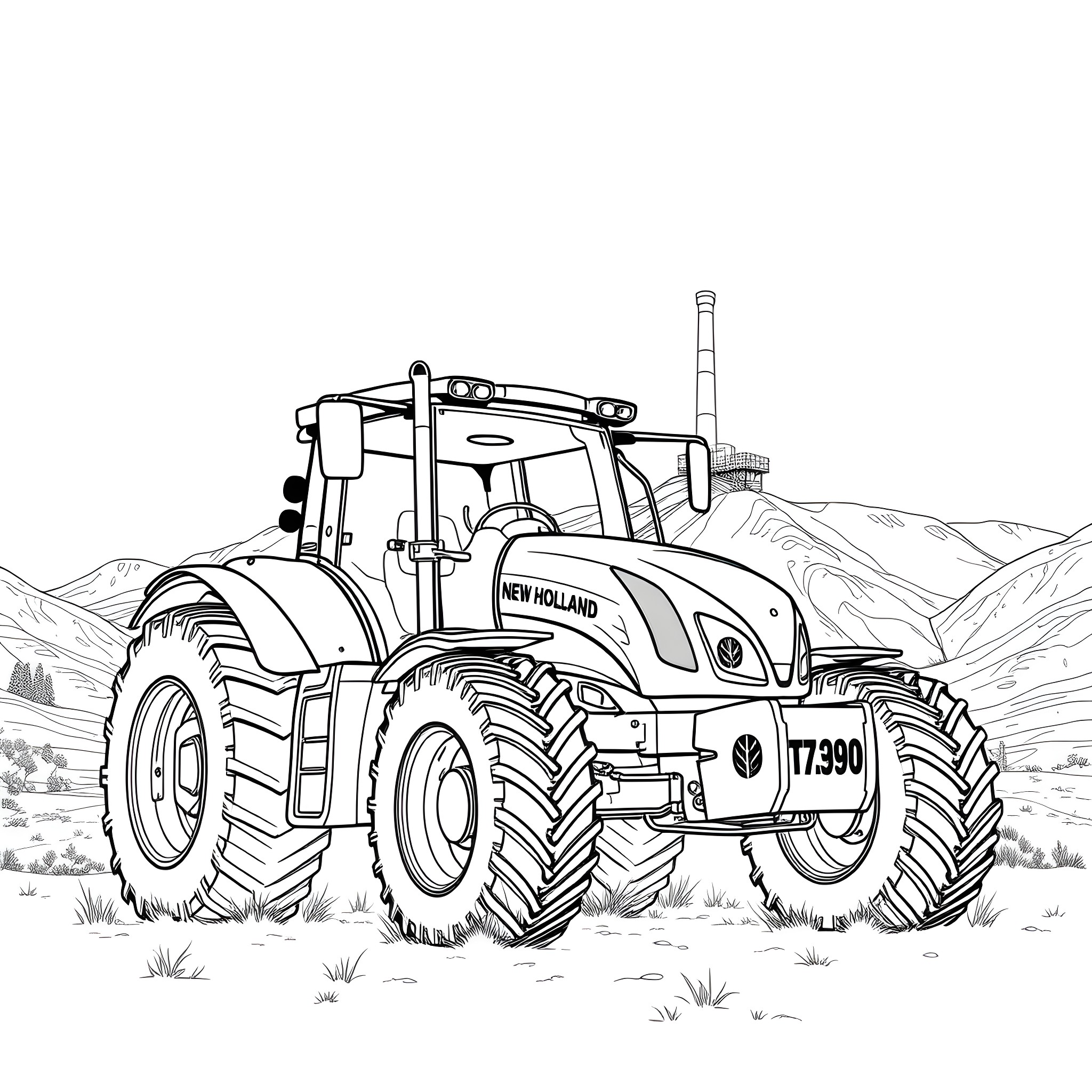 Tractor working in a rural landscape Coloring Page (free black-and-white line drawing printable PDF for all, from beginners to advanced learners, including children, teens, adults, and seniors)