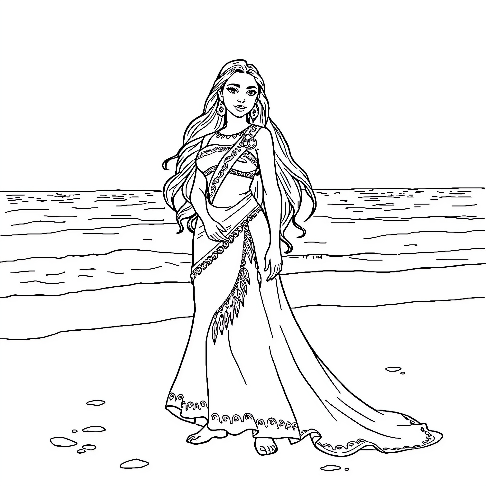 Pocahontas standing gracefully on the beach Coloring Page (free black-and-white line drawing printable PDF for all, from beginners to advanced learners, including children, teens, adults, and seniors)
