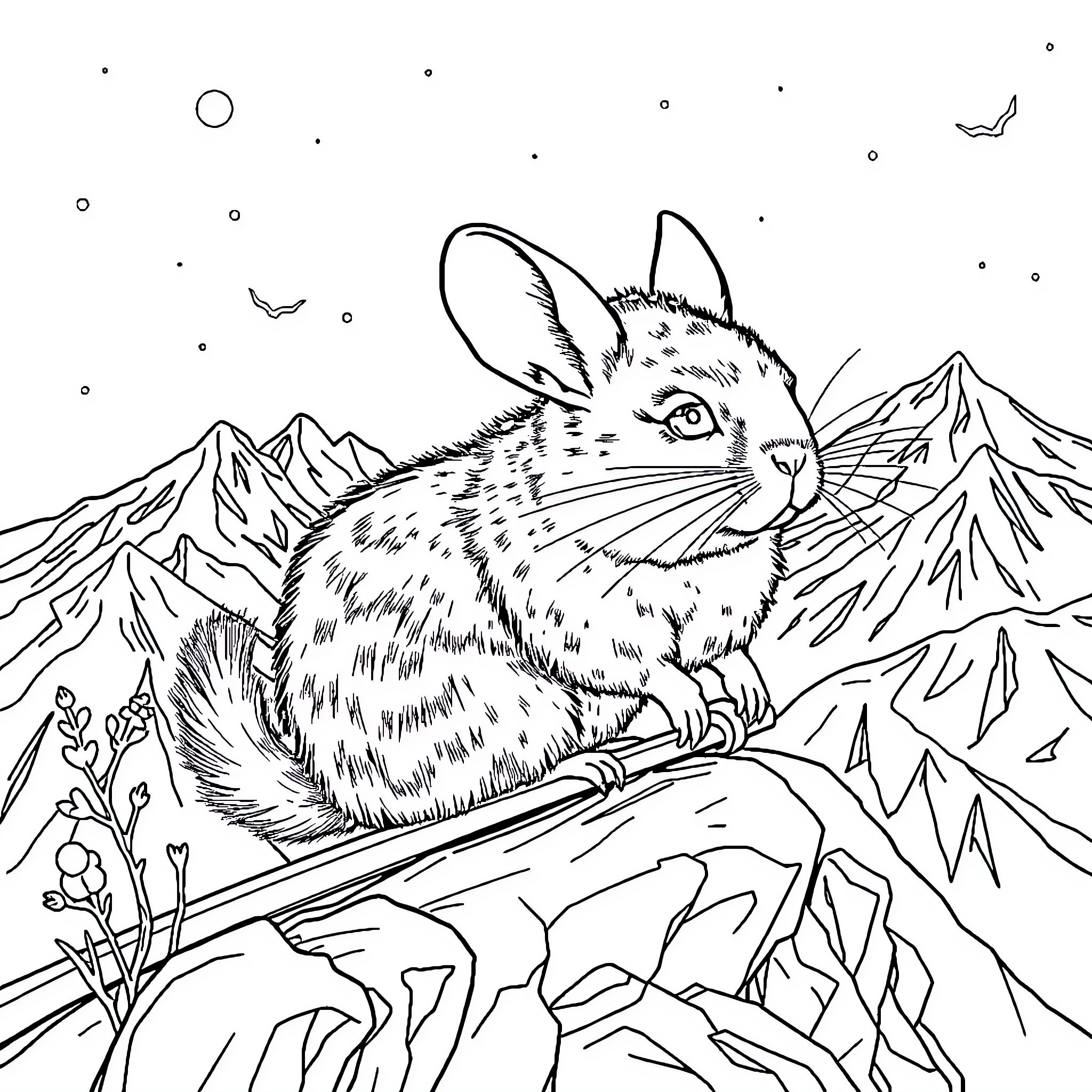 Chinchilla in a scenic mountain landscape Coloring Page (free black-and-white line drawing printable PDF for all, from beginners to advanced learners, including children, teens, adults, and seniors)