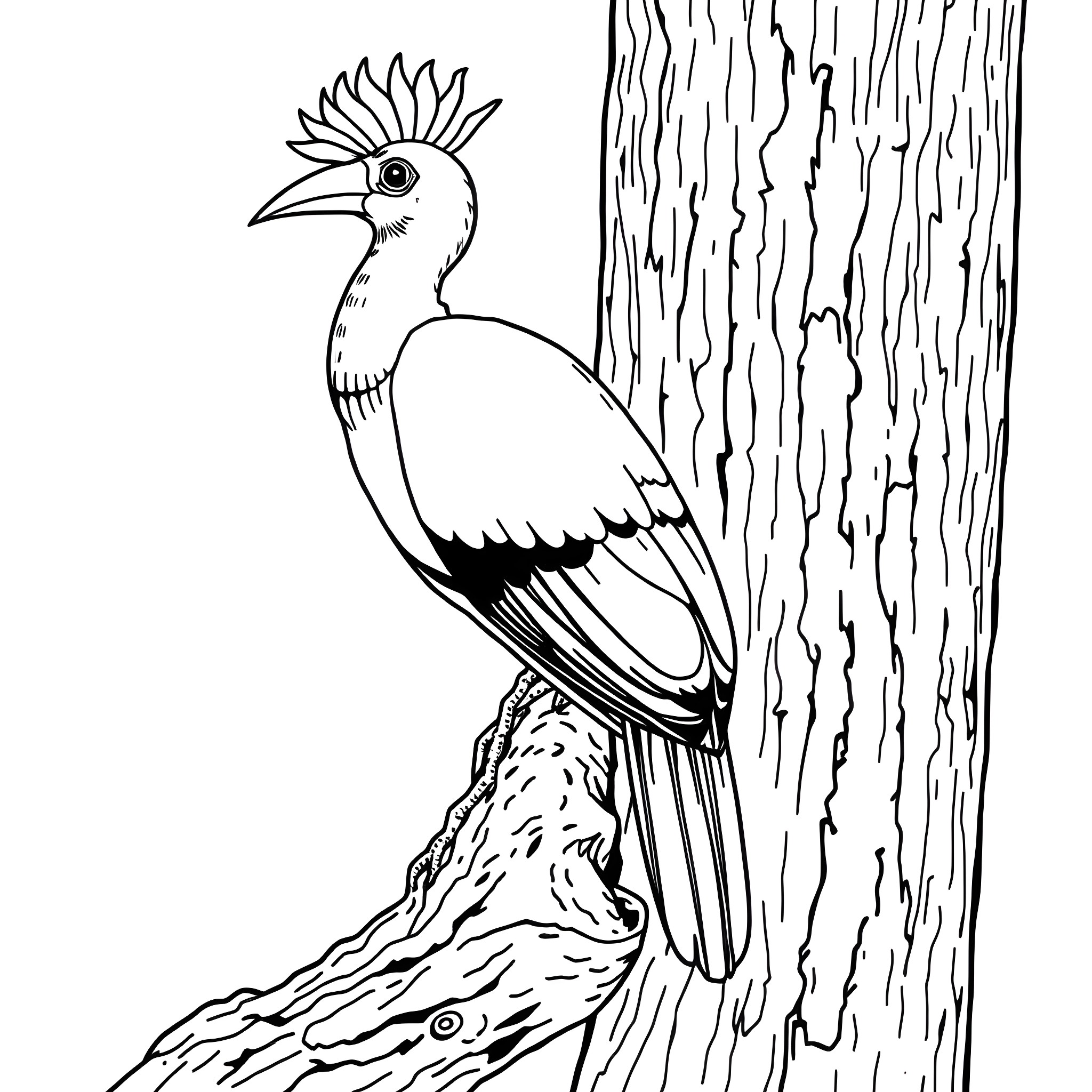 Guinea Turaco perched on a tree trunk Coloring Page (free black-and-white line drawing printable PDF for all, from beginners to advanced learners, including children, teens, adults, and seniors)