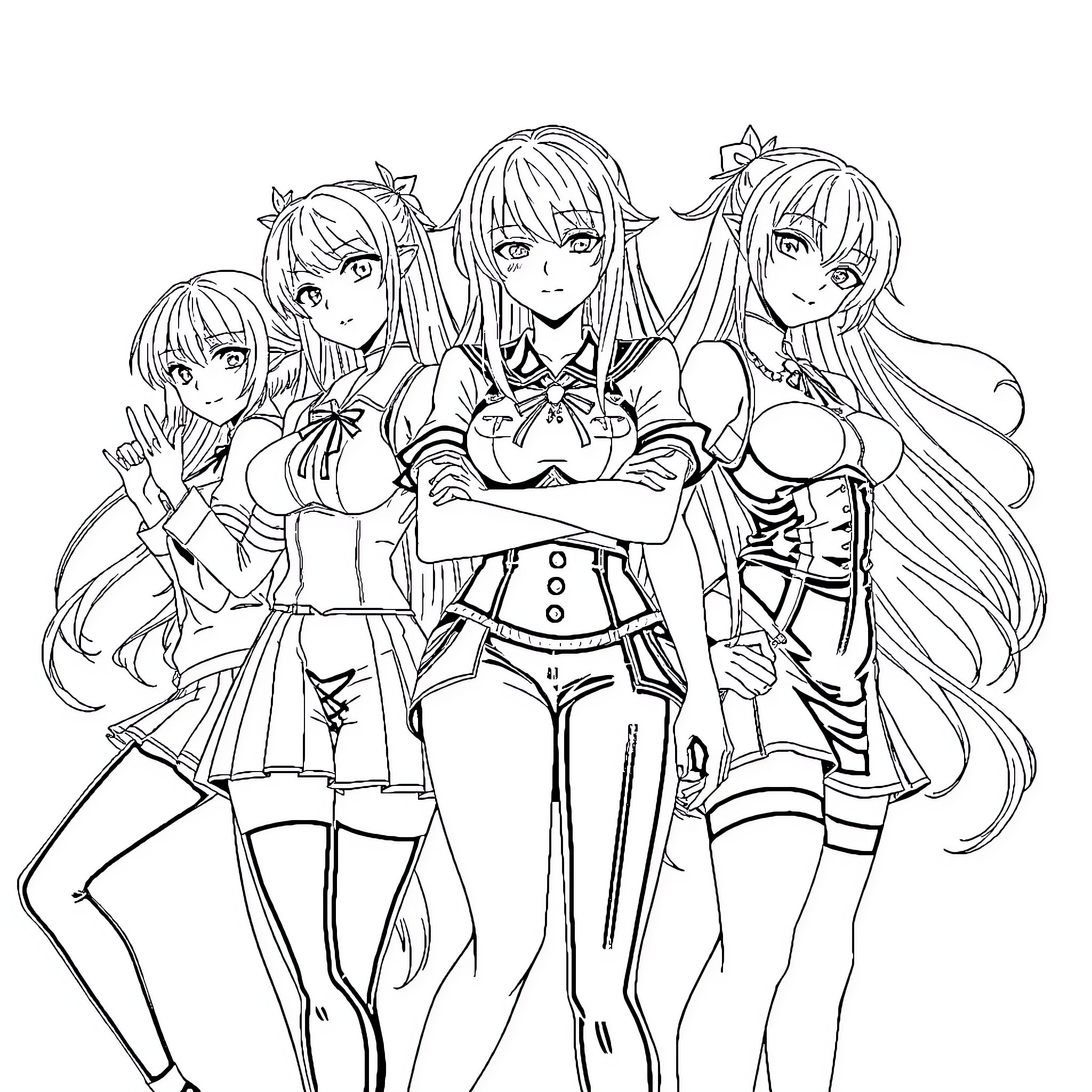 Female Characters in Anime-Inspired Poses Coloring Page (free black-and-white line drawing printable PDF for all, from beginners to advanced learners, including children, teens, adults, and seniors)