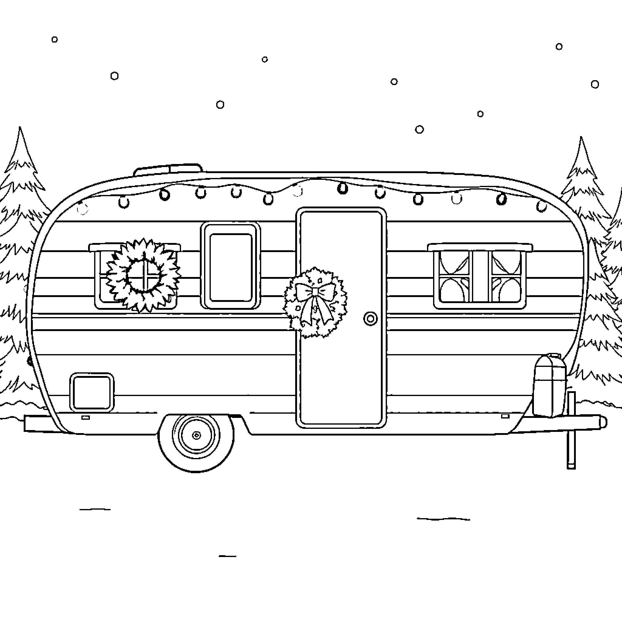 Camper enjoying winter holiday in cozy trailer Coloring Page (free black-and-white line drawing printable PDF for all, from beginners to advanced learners, including children, teens, adults, and seniors)