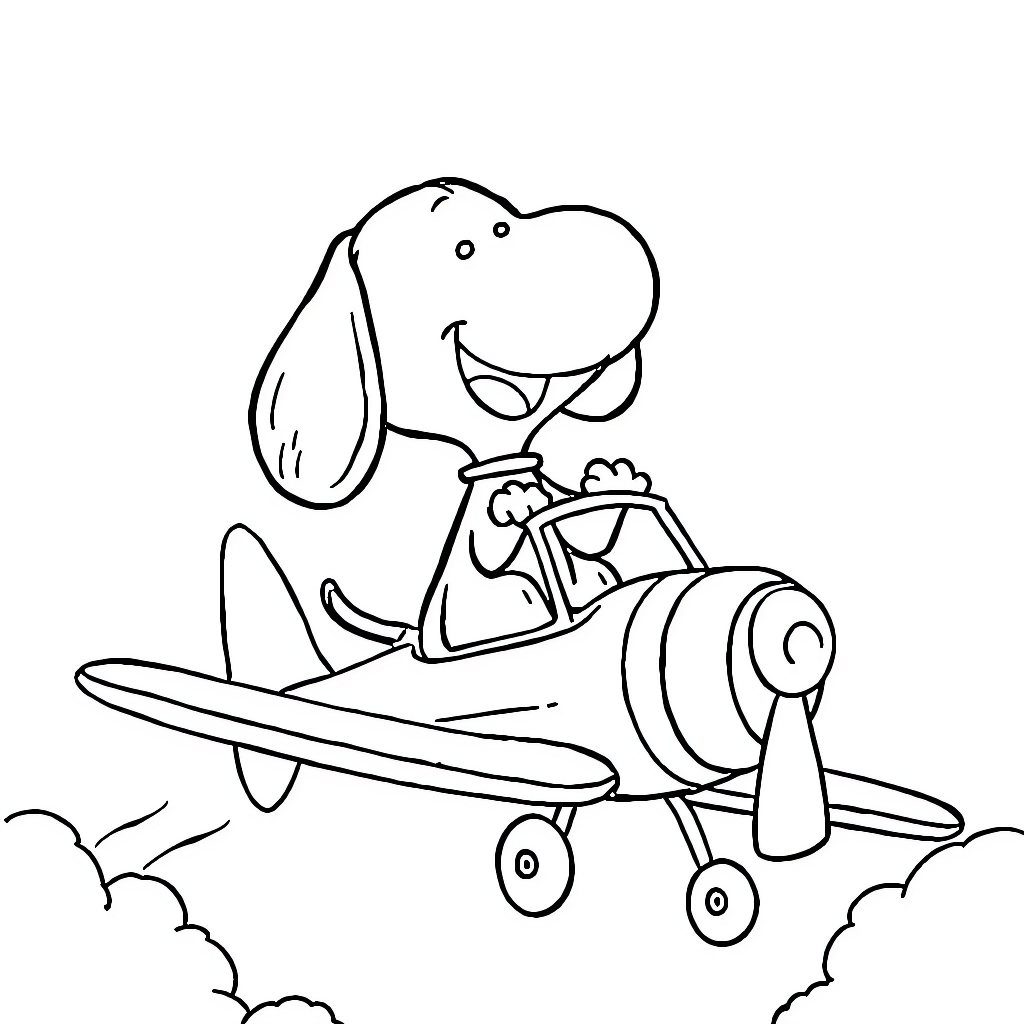 Snoopy flying an airplane in the clouds Coloring Page (free black-and-white line drawing printable PDF for all, from beginners to advanced learners, including children, teens, adults, and seniors)
