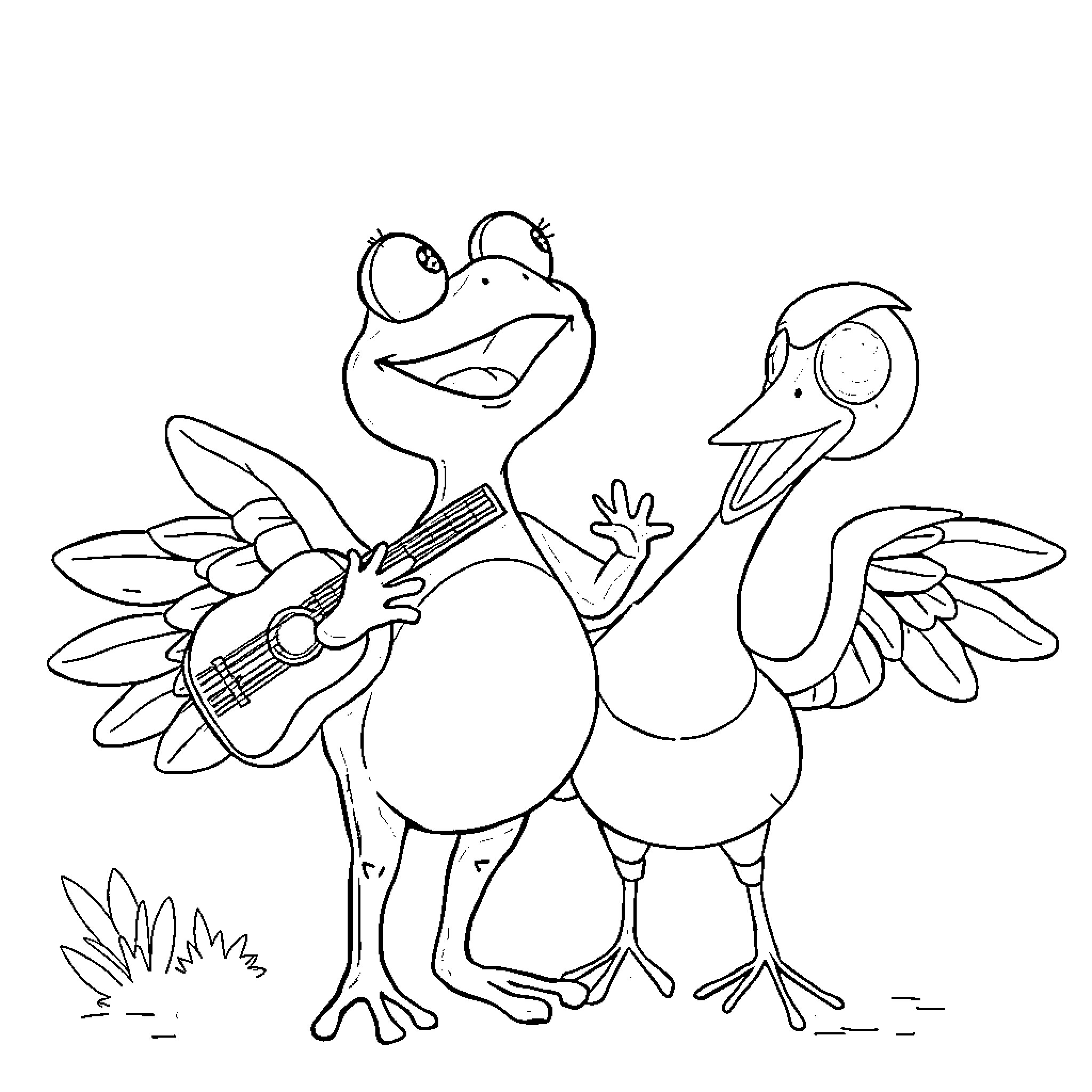 Frog playing guitar and goose companion Coloring Page (free black-and-white line drawing printable PDF for all, from beginners to advanced learners, including children, teens, adults, and seniors)