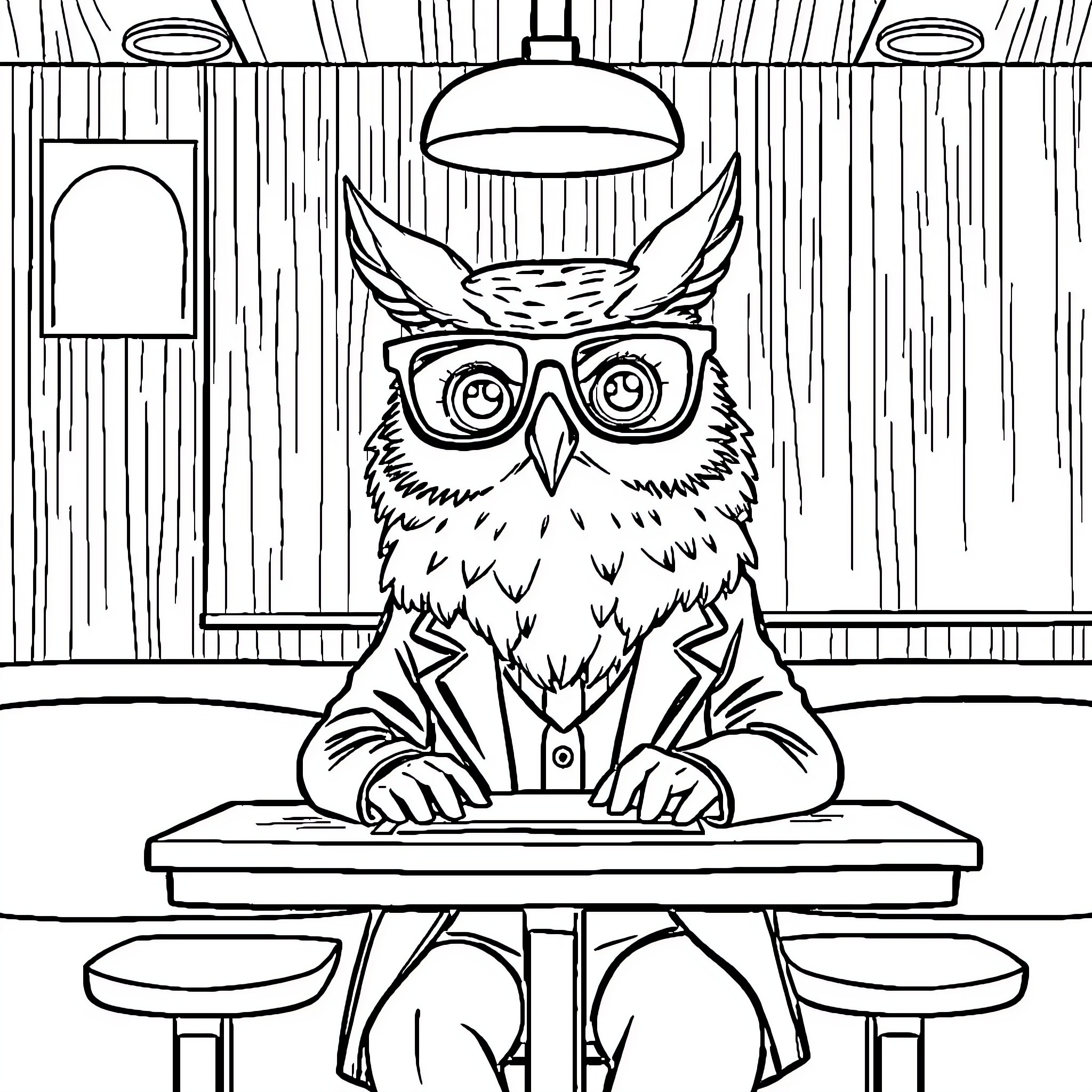 Owl studying diligently at a desk Coloring Page (free black-and-white line drawing printable PDF for all, from beginners to advanced learners, including children, teens, adults, and seniors)