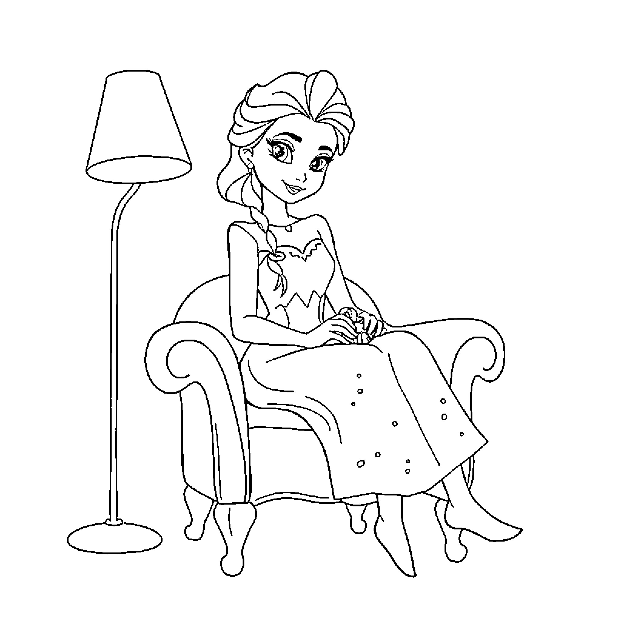 Elsa relaxing in her cozy chair Coloring Page (free black-and-white line drawing printable PDF for all, from beginners to advanced learners, including children, teens, adults, and seniors)