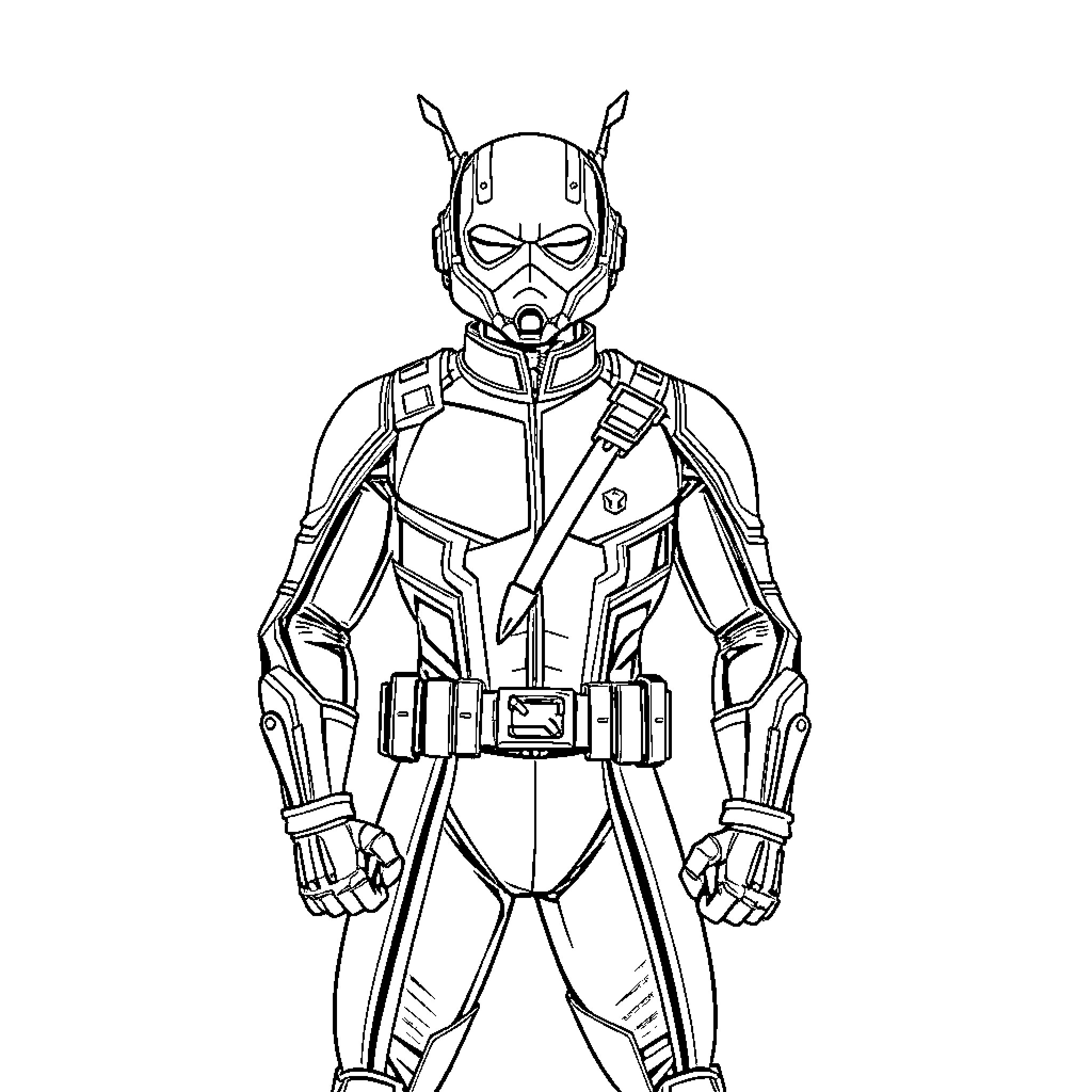 Antman in Heroic Stance with Detailed Suit Coloring Page (free black-and-white line drawing printable PDF for all, from beginners to advanced learners, including children, teens, adults, and seniors)