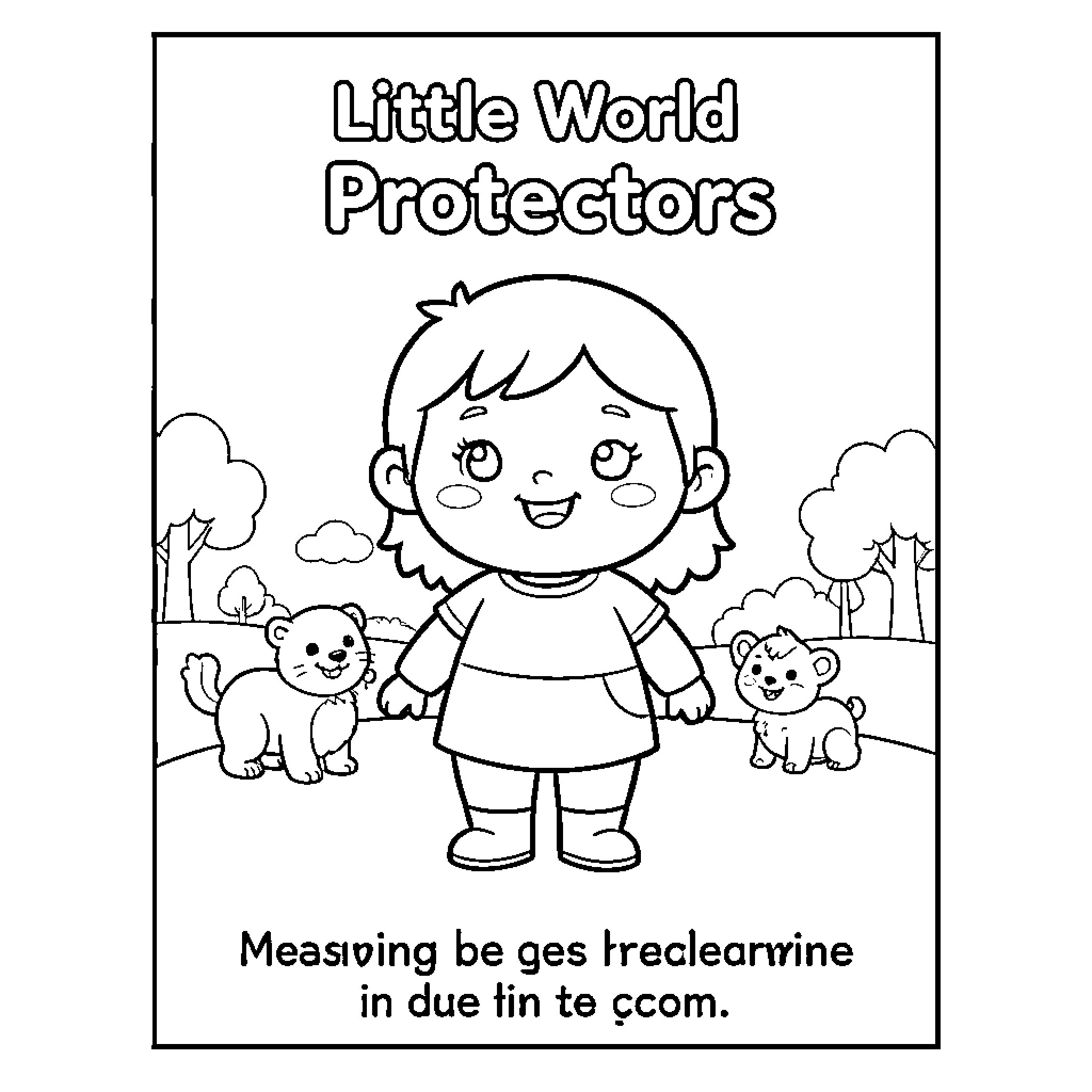 World Protector standing happily with small animals Coloring Page (free black-and-white line drawing printable PDF for all, from beginners to advanced learners, including children, teens, adults, and seniors)