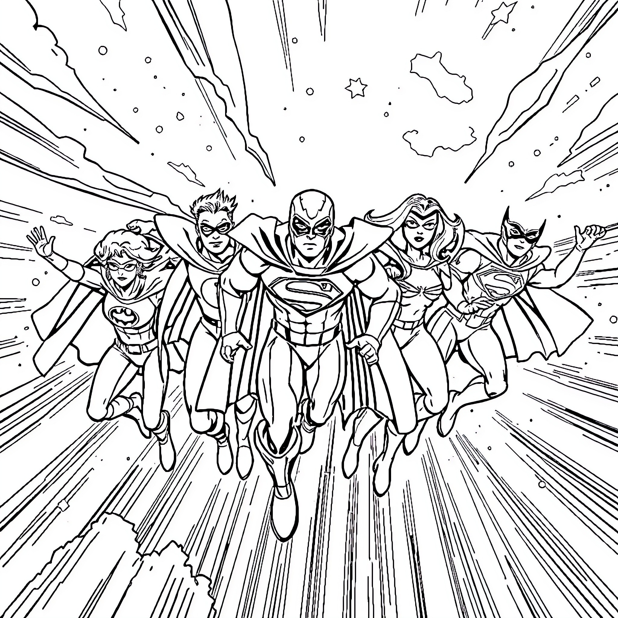 Superhero team in action-packed scene Coloring Page (free black-and-white line drawing printable PDF for all, from beginners to advanced learners, including children, teens, adults, and seniors)