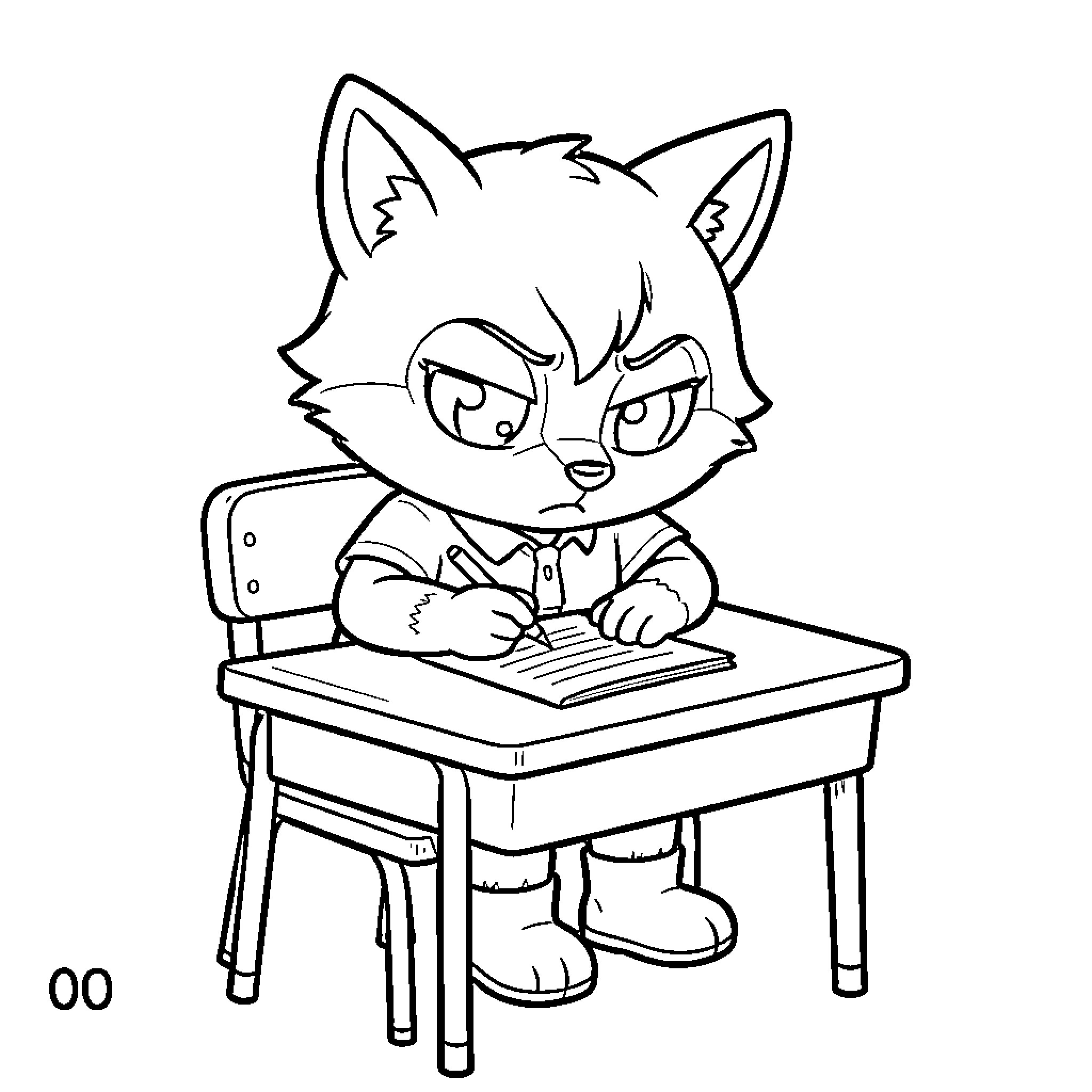 Lynx studying diligently at desk Coloring Page (free black-and-white line drawing printable PDF for all, from beginners to advanced learners, including children, teens, adults, and seniors)
