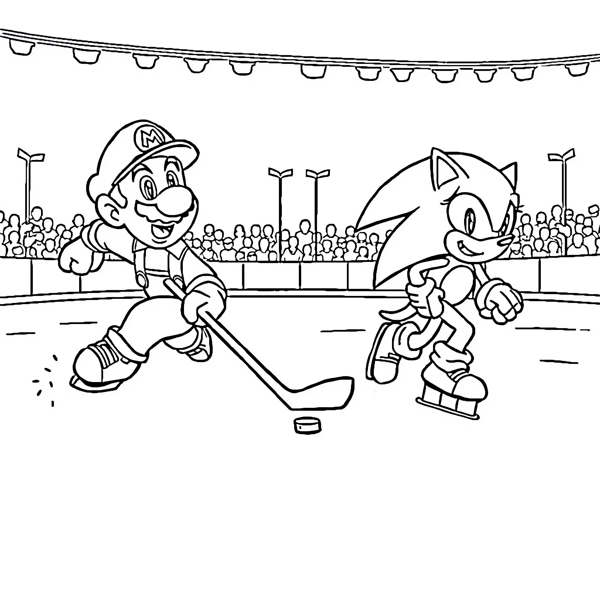 Mario and Sonic playing hockey in the arena Coloring Page (free black-and-white line drawing printable PDF for all, from beginners to advanced learners, including children, teens, adults, and seniors)