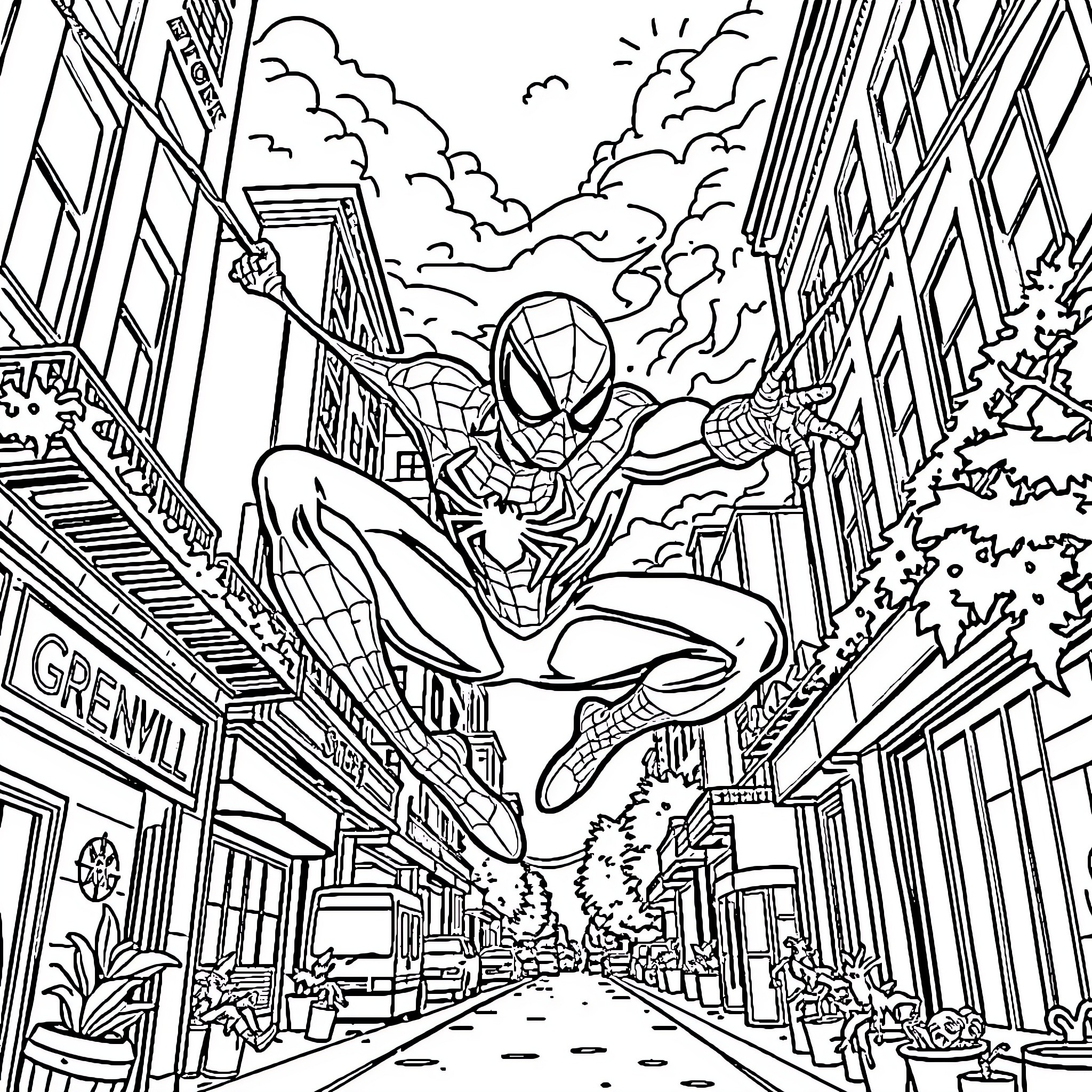 Spider-Man Swinging Through the City Streets Coloring Page (free black-and-white line drawing printable PDF for all, from beginners to advanced learners, including children, teens, adults, and seniors)