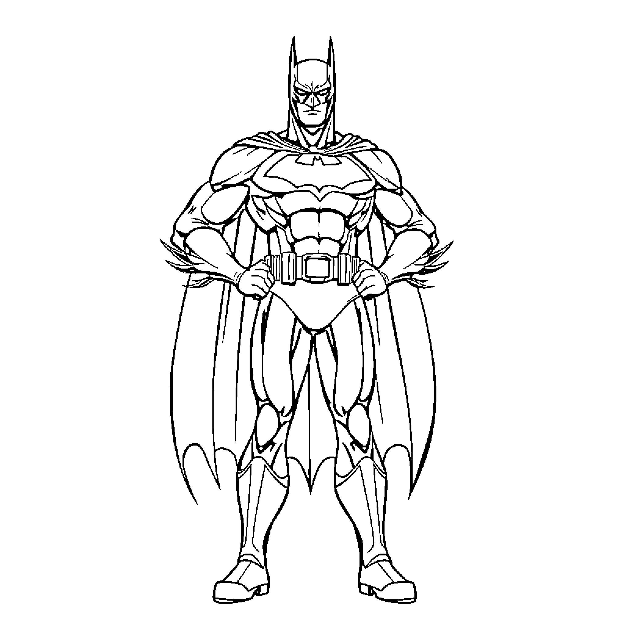 Batman in heroic action pose Coloring Page (free black-and-white line drawing printable PDF for all, from beginners to advanced learners, including children, teens, adults, and seniors)
