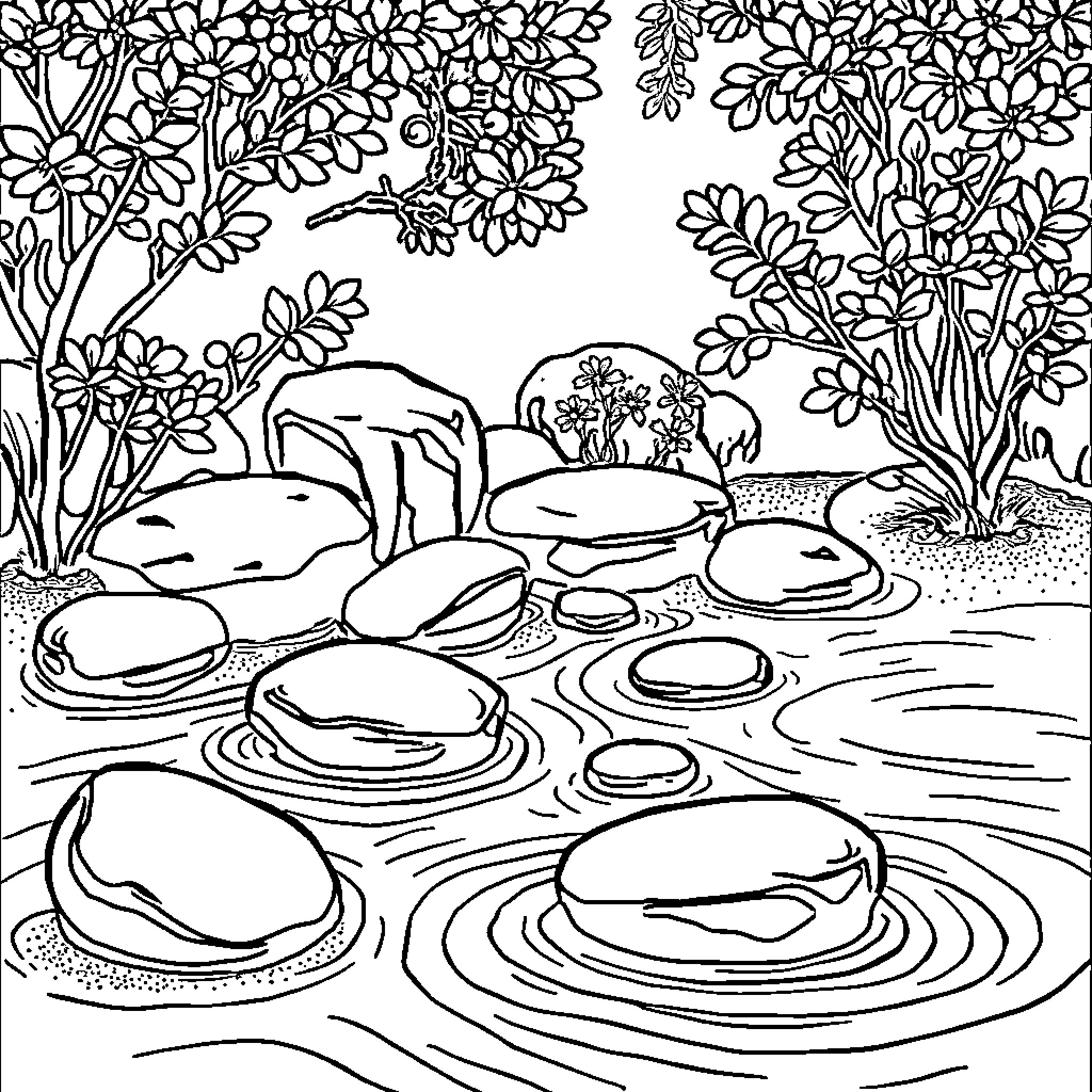 Zen Pond with Floating Stones Coloring Page (free black-and-white line drawing printable PDF for all, from beginners to advanced learners, including children, teens, adults, and seniors)