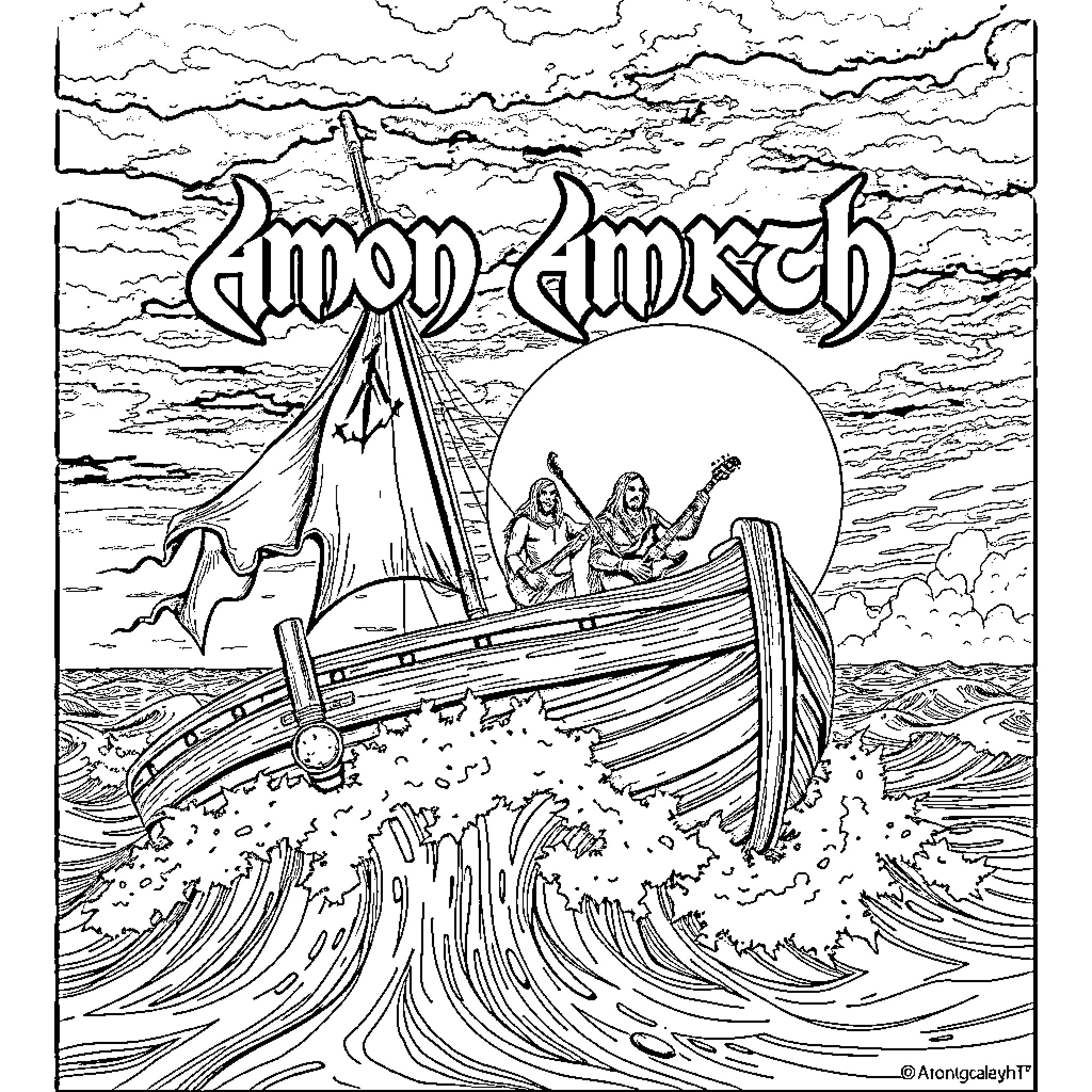 Amon Amarth Viking Ship Voyage on Rough Seas Coloring Page (free black-and-white line drawing printable PDF for all, from beginners to advanced learners, including children, teens, adults, and seniors)