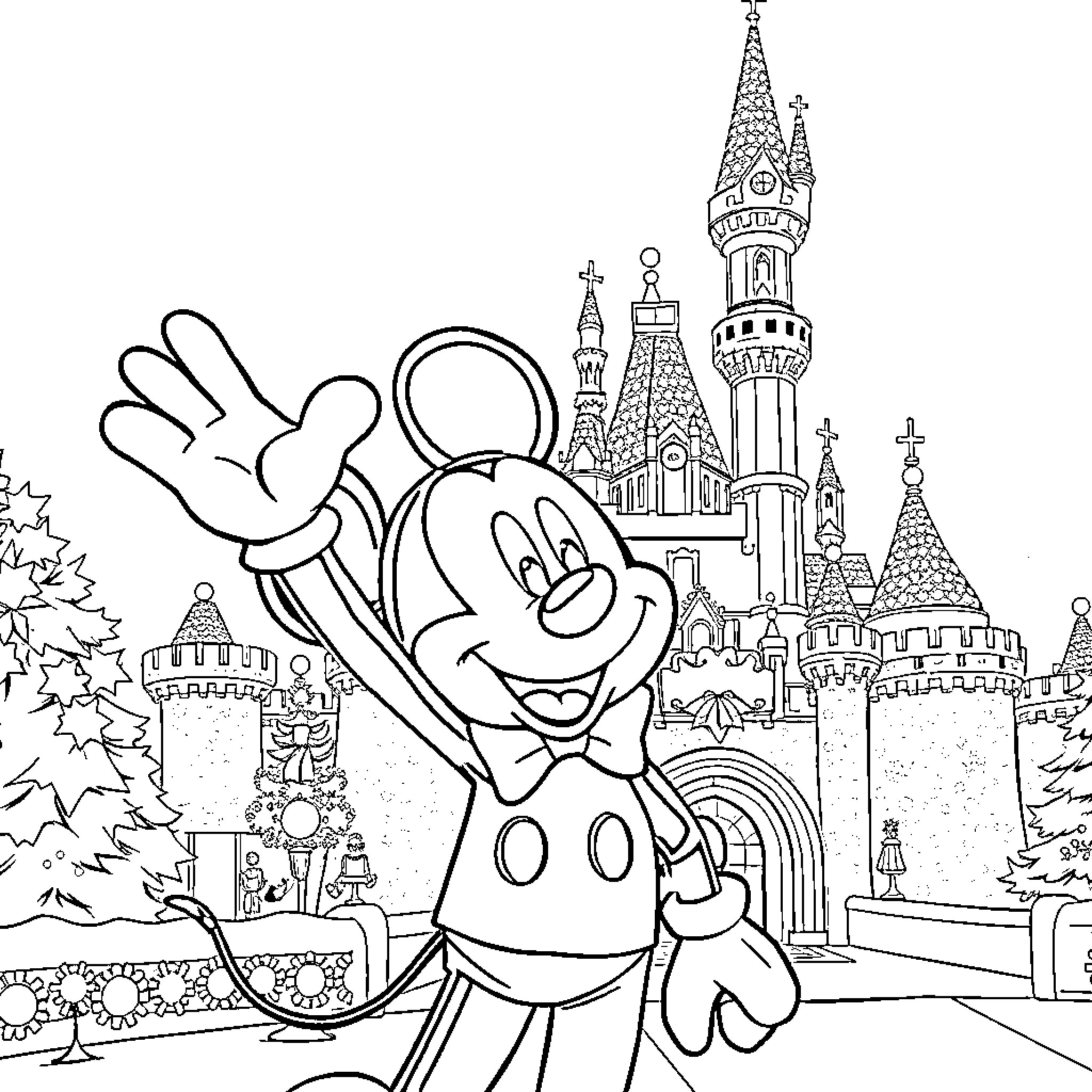 Mickey Mouse waving happily in front of a magical castle Coloring Page (free black-and-white line drawing printable PDF for all, from beginners to advanced learners, including children, teens, adults, and seniors)