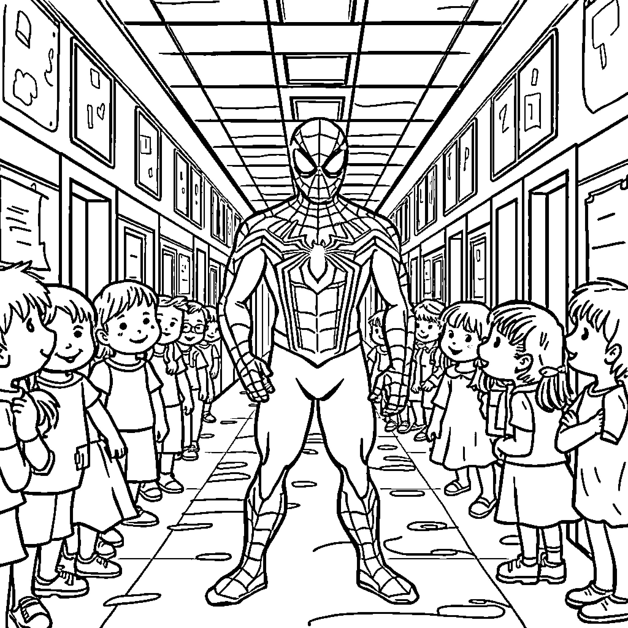 Spiderman Interacting with Students in School Hallway Coloring Page (free black-and-white line drawing printable PDF for all, from beginners to advanced learners, including children, teens, adults, and seniors)