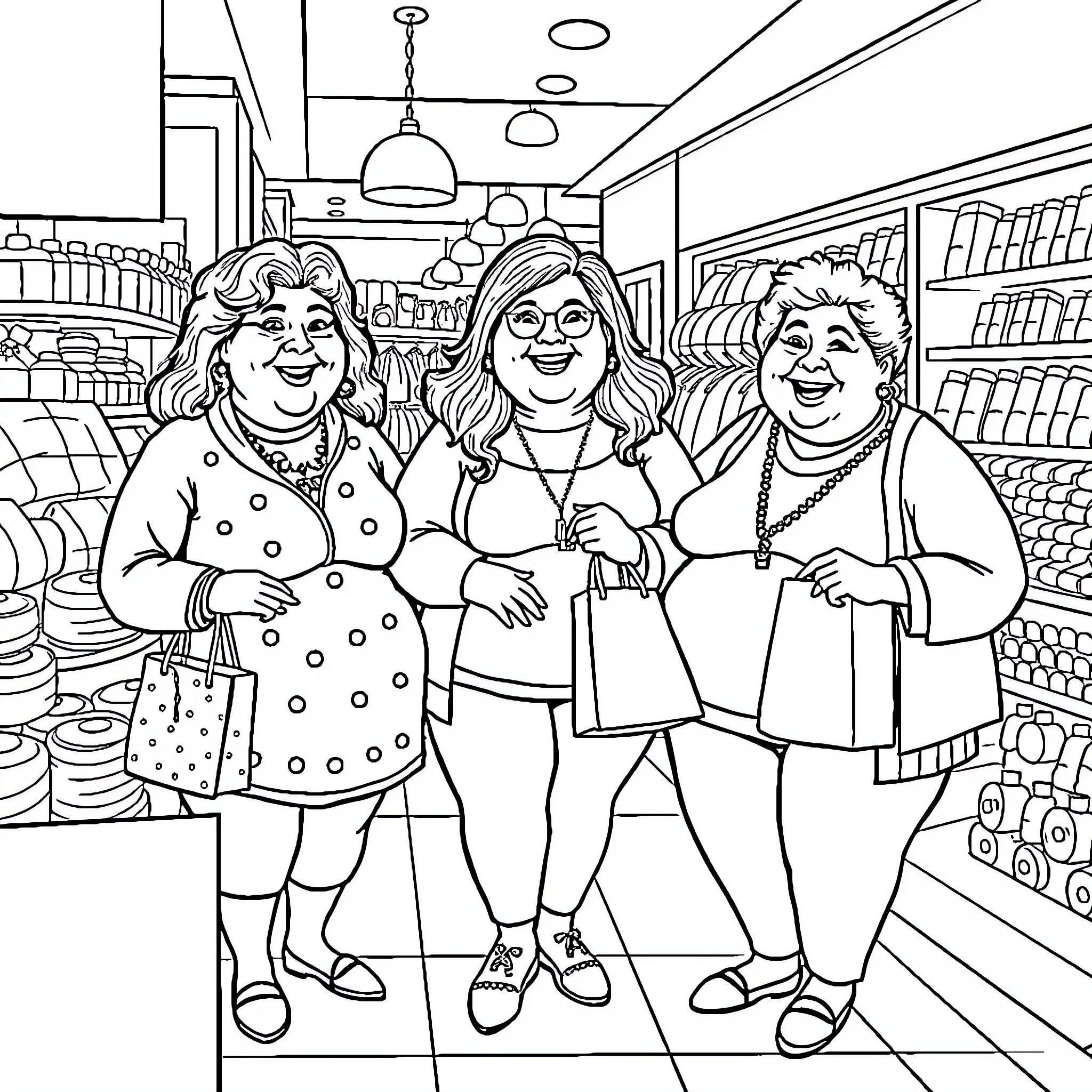 Lady friends shopping together in a grocery store Coloring Page (free black-and-white line drawing printable PDF for all, from beginners to advanced learners, including children, teens, adults, and seniors)