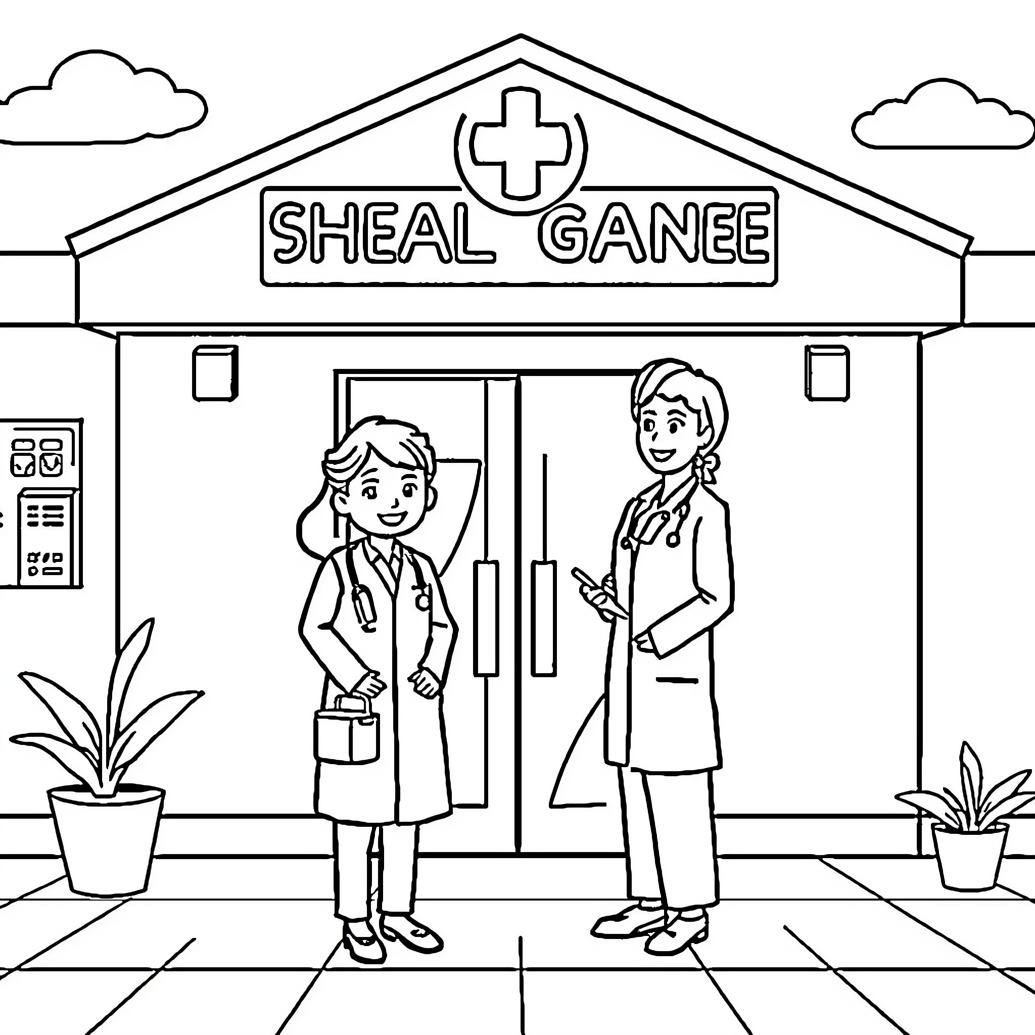 Sheshegwaning Medical Clinic with Doctors Coloring Page (free black-and-white line drawing printable PDF for all, from beginners to advanced learners, including children, teens, adults, and seniors)