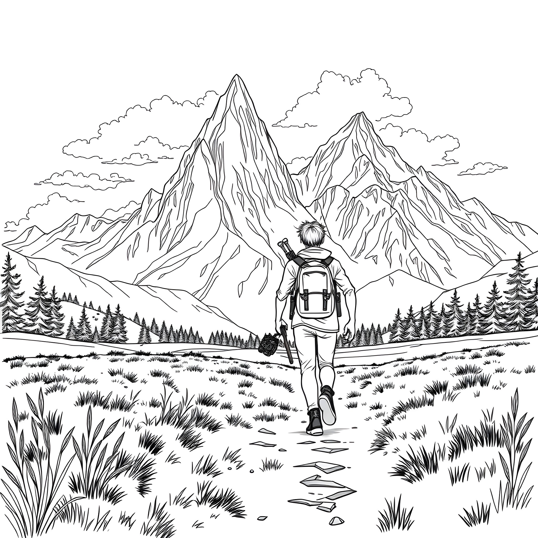 Adventurer exploring the majestic mountain landscape Coloring Page (free black-and-white line drawing printable PDF for all, from beginners to advanced learners, including children, teens, adults, and seniors)