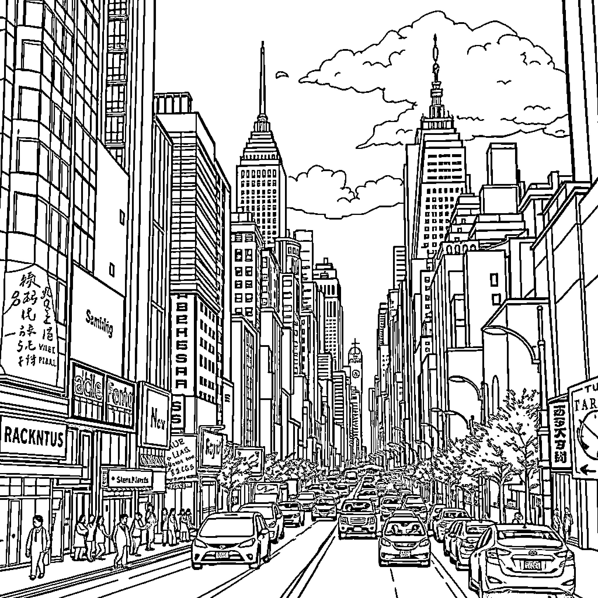 City street with skyscrapers and busy traffic Coloring Page (free black-and-white line drawing printable PDF for all, from beginners to advanced learners, including children, teens, adults, and seniors)