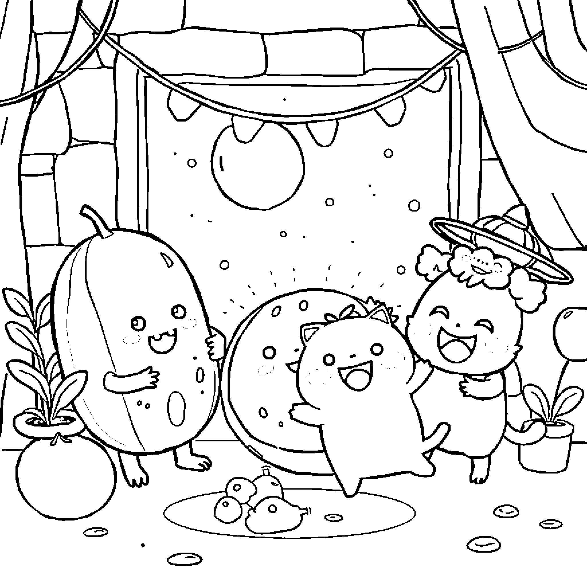 Cocomelon characters having fun together Coloring Page (free black-and-white line drawing printable PDF for all, from beginners to advanced learners, including children, teens, adults, and seniors)