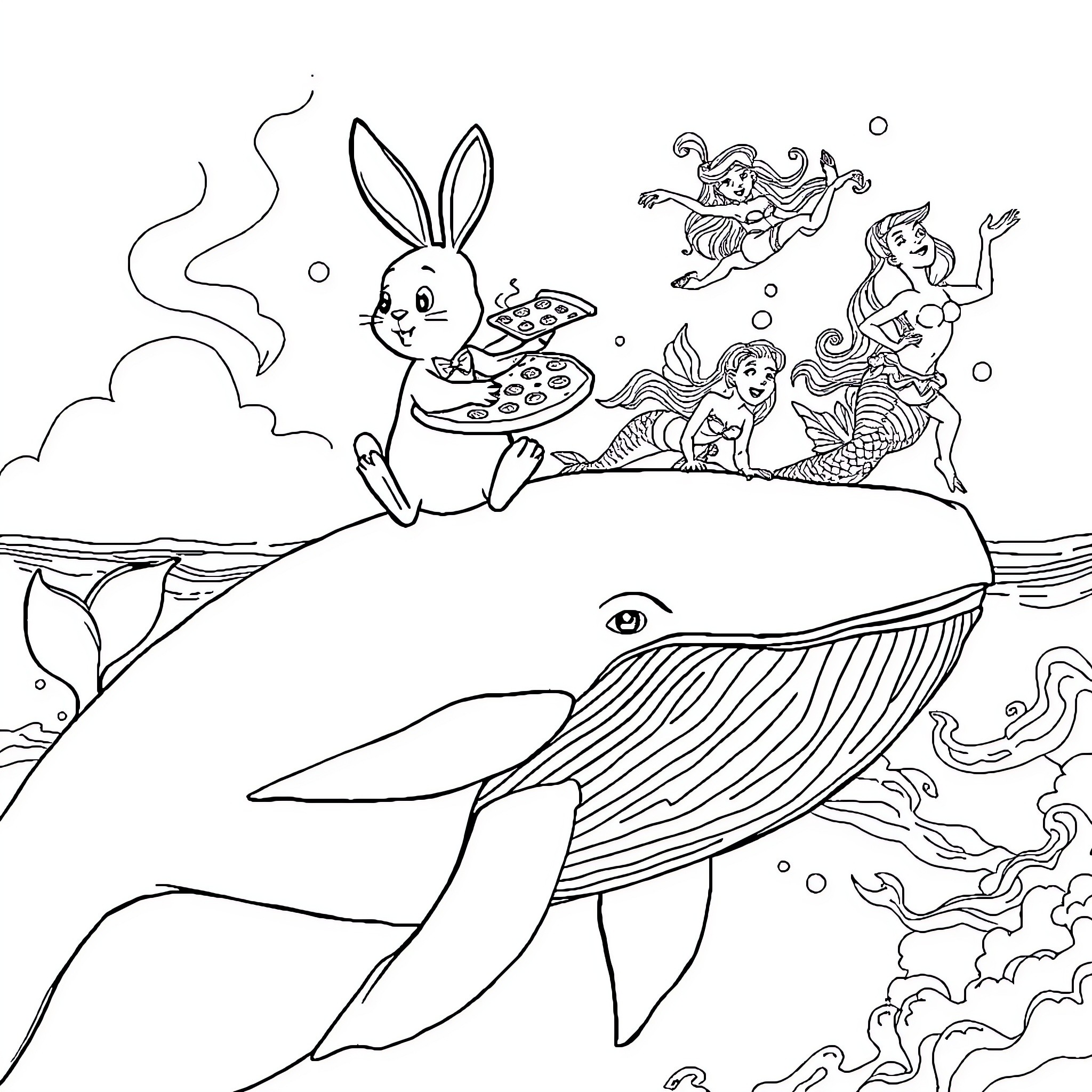 Rabbit riding a whale with mermaids and floating treats Coloring Page (free black-and-white line drawing printable PDF for all, from beginners to advanced learners, including children, teens, adults, and seniors)