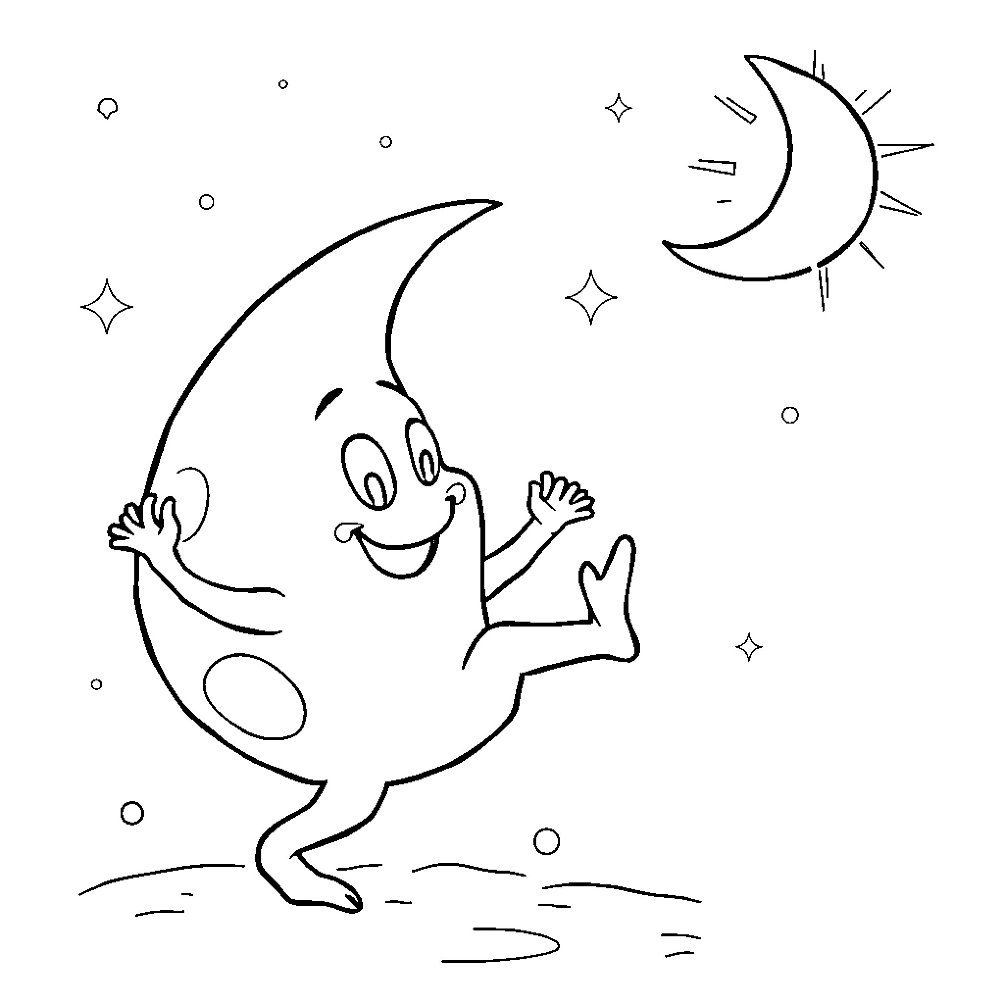 Crescent Moon character happily dancing under the stars Coloring Page (free black-and-white line drawing printable PDF for all, from beginners to advanced learners, including children, teens, adults, and seniors)