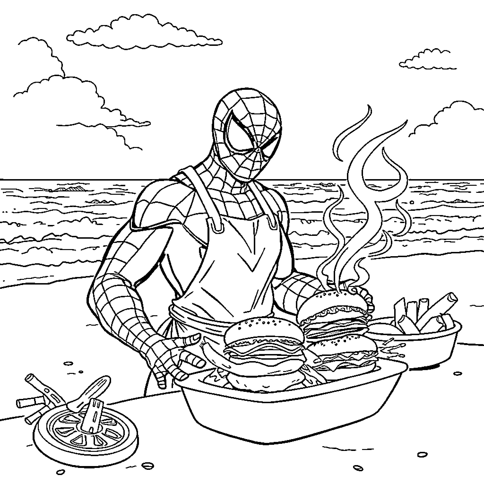 Spiderman enjoying a seaside snack Coloring Page (free black-and-white line drawing printable PDF for all, from beginners to advanced learners, including children, teens, adults, and seniors)
