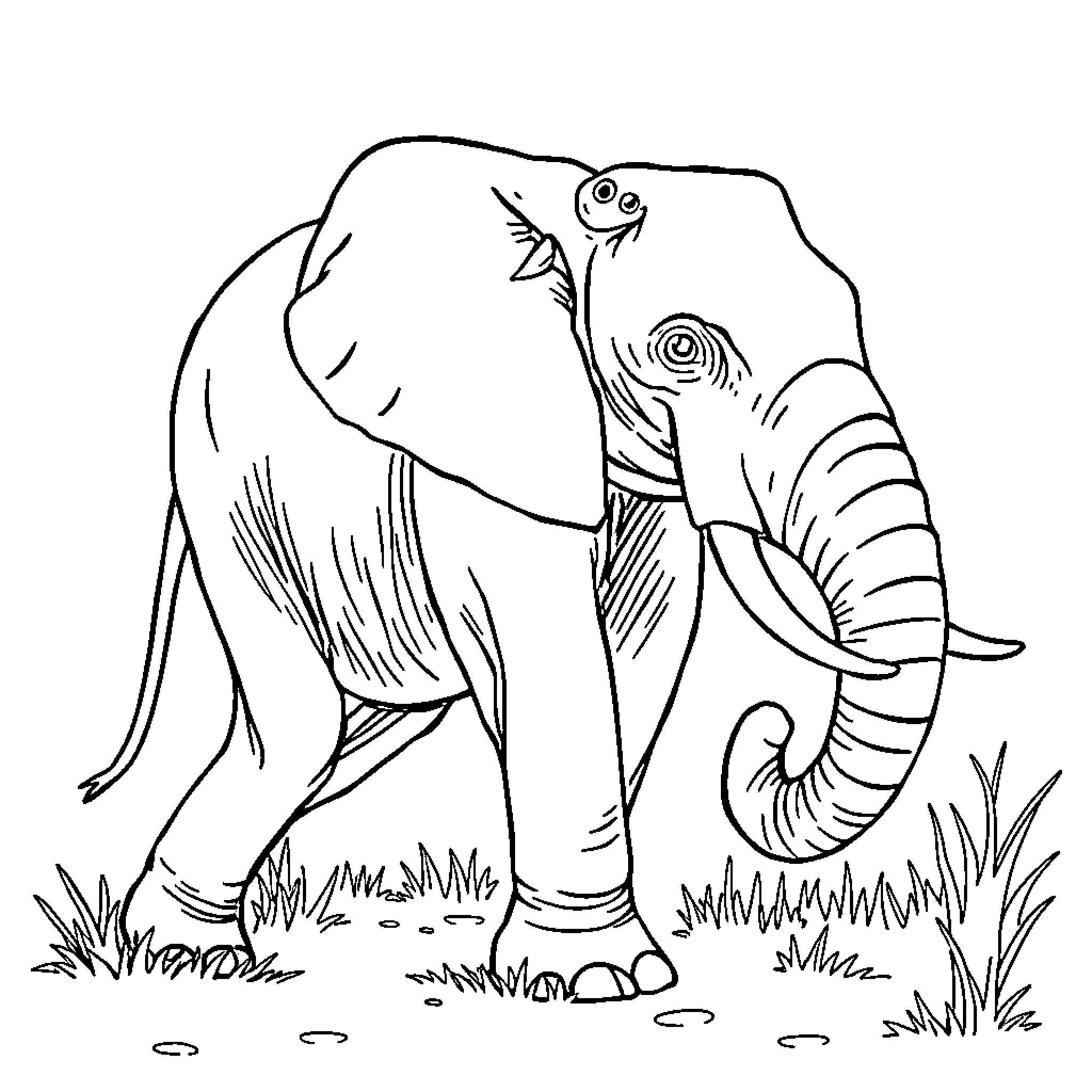 Elephant enjoying nature's beauty Coloring Page (free black-and-white line drawing printable PDF for all, from beginners to advanced learners, including children, teens, adults, and seniors)