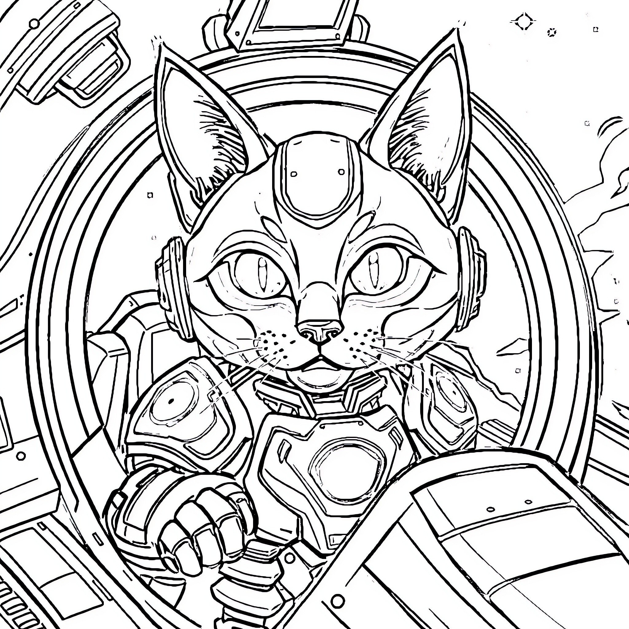 Cyborg Cat Pilot in Futuristic Spacecraft Coloring Page (free black-and-white line drawing printable PDF for all, from beginners to advanced learners, including children, teens, adults, and seniors)