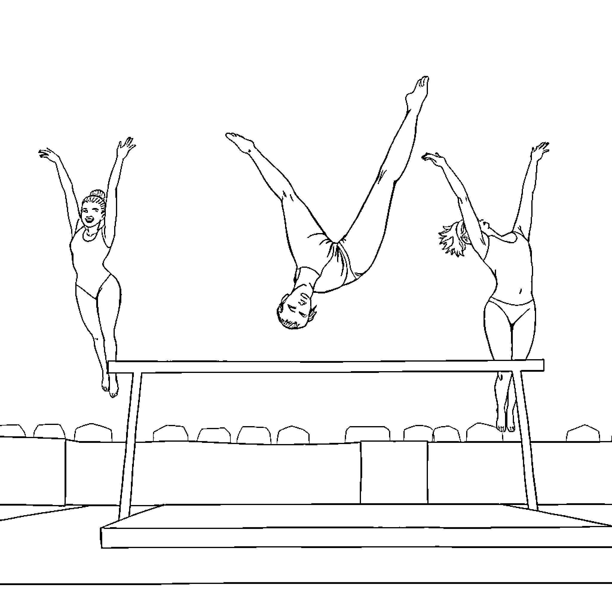 Gymnasts performing acrobatic routines on balance beam Coloring Page (free black-and-white line drawing printable PDF for all, from beginners to advanced learners, including children, teens, adults, and seniors)