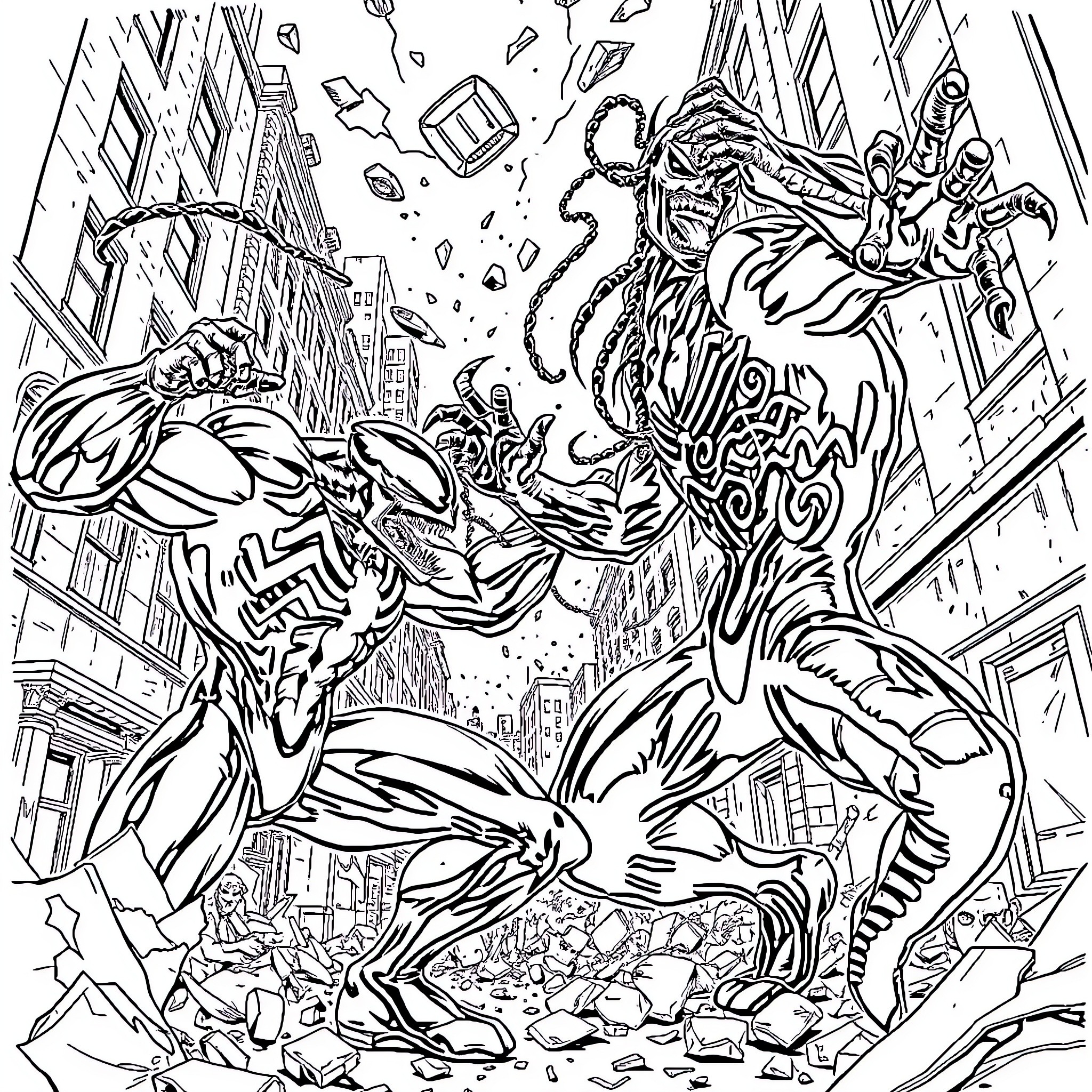 Venom symbiote unleashing chaos in the city Coloring Page (free black-and-white line drawing printable PDF for all, from beginners to advanced learners, including children, teens, adults, and seniors)