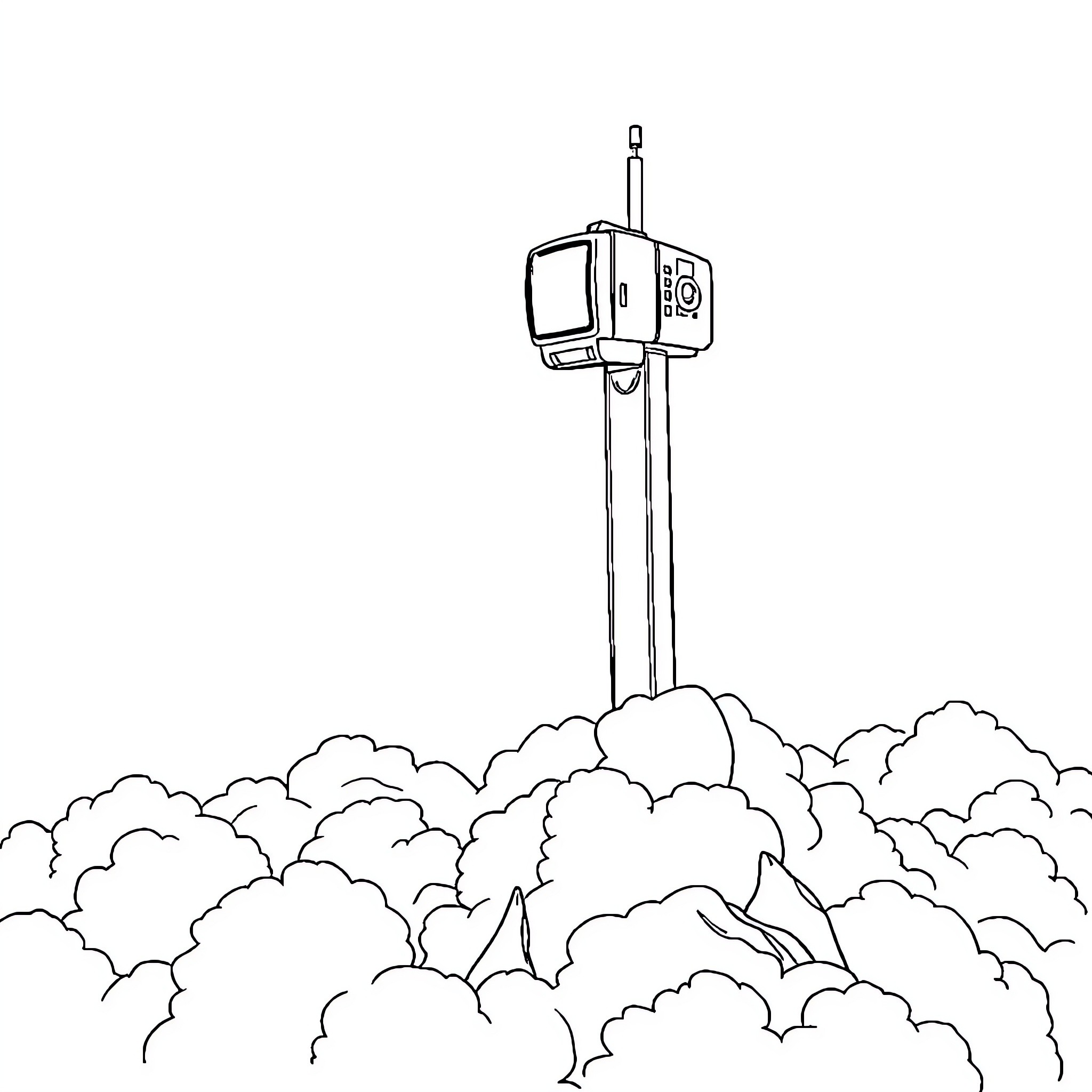 Transistor floating among the clouds Coloring Page (free black-and-white line drawing printable PDF for all, from beginners to advanced learners, including children, teens, adults, and seniors)