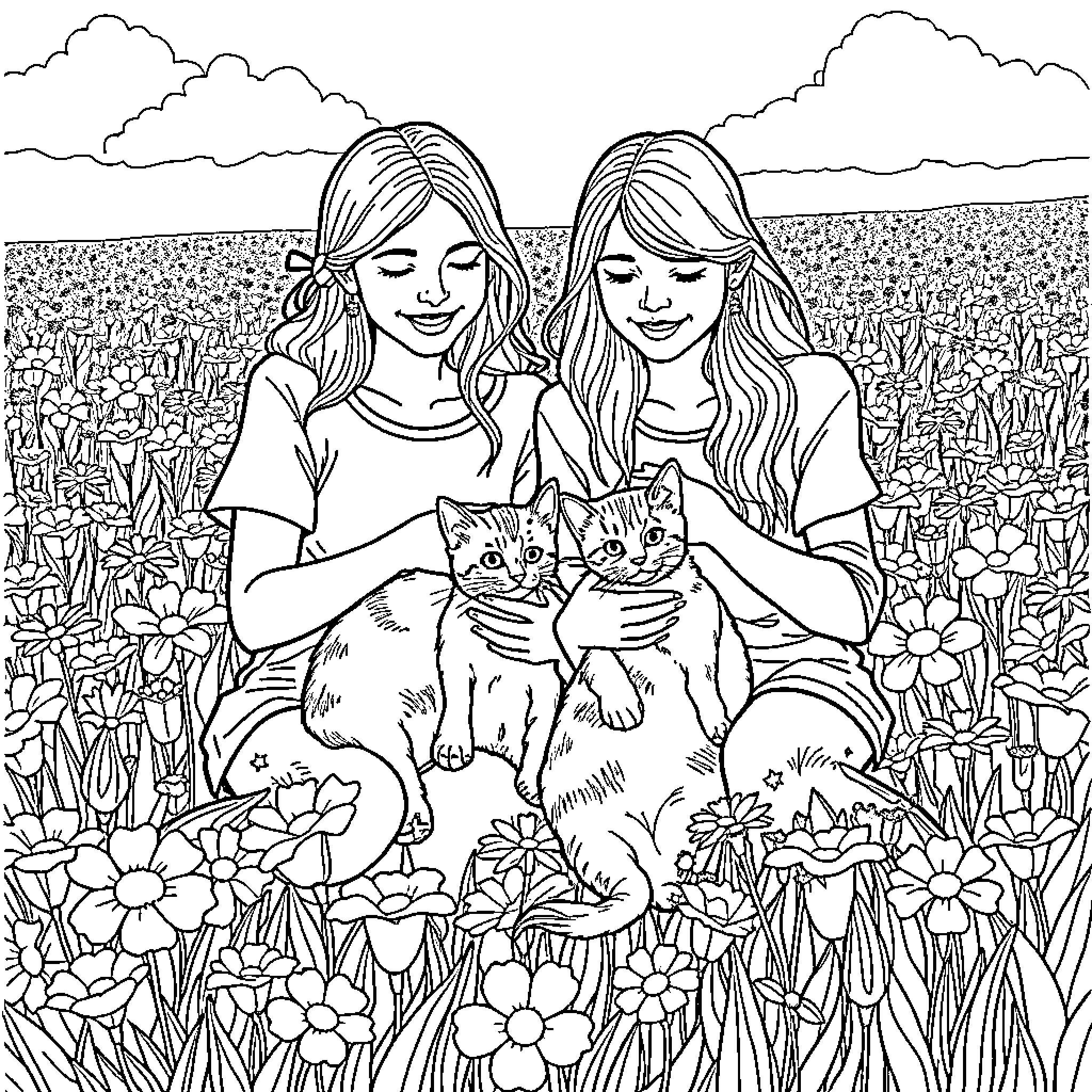 Woman enjoys peaceful moments with kittens in nature Coloring Page (free black-and-white line drawing printable PDF for all, from beginners to advanced learners, including children, teens, adults, and seniors)