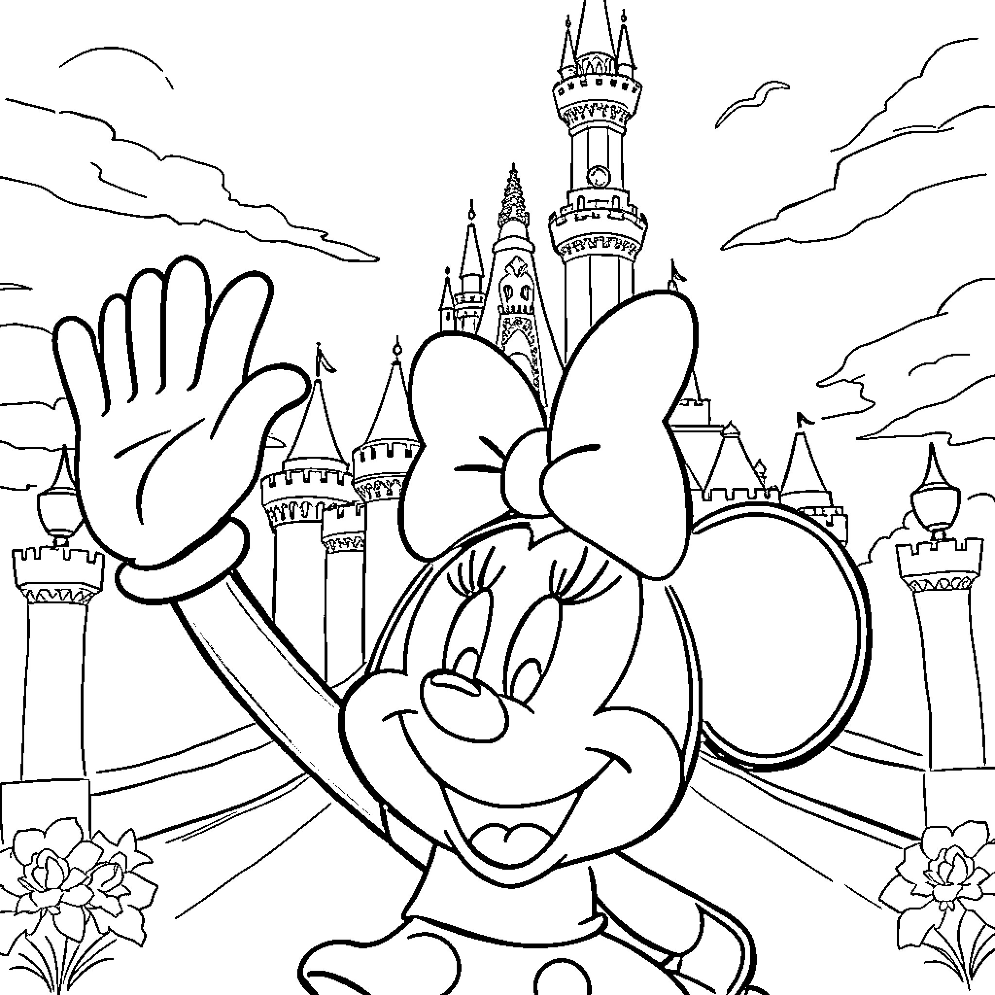 Minnie Mouse Waving at the Disney Castle Coloring Page (free black-and-white line drawing printable PDF for all, from beginners to advanced learners, including children, teens, adults, and seniors)