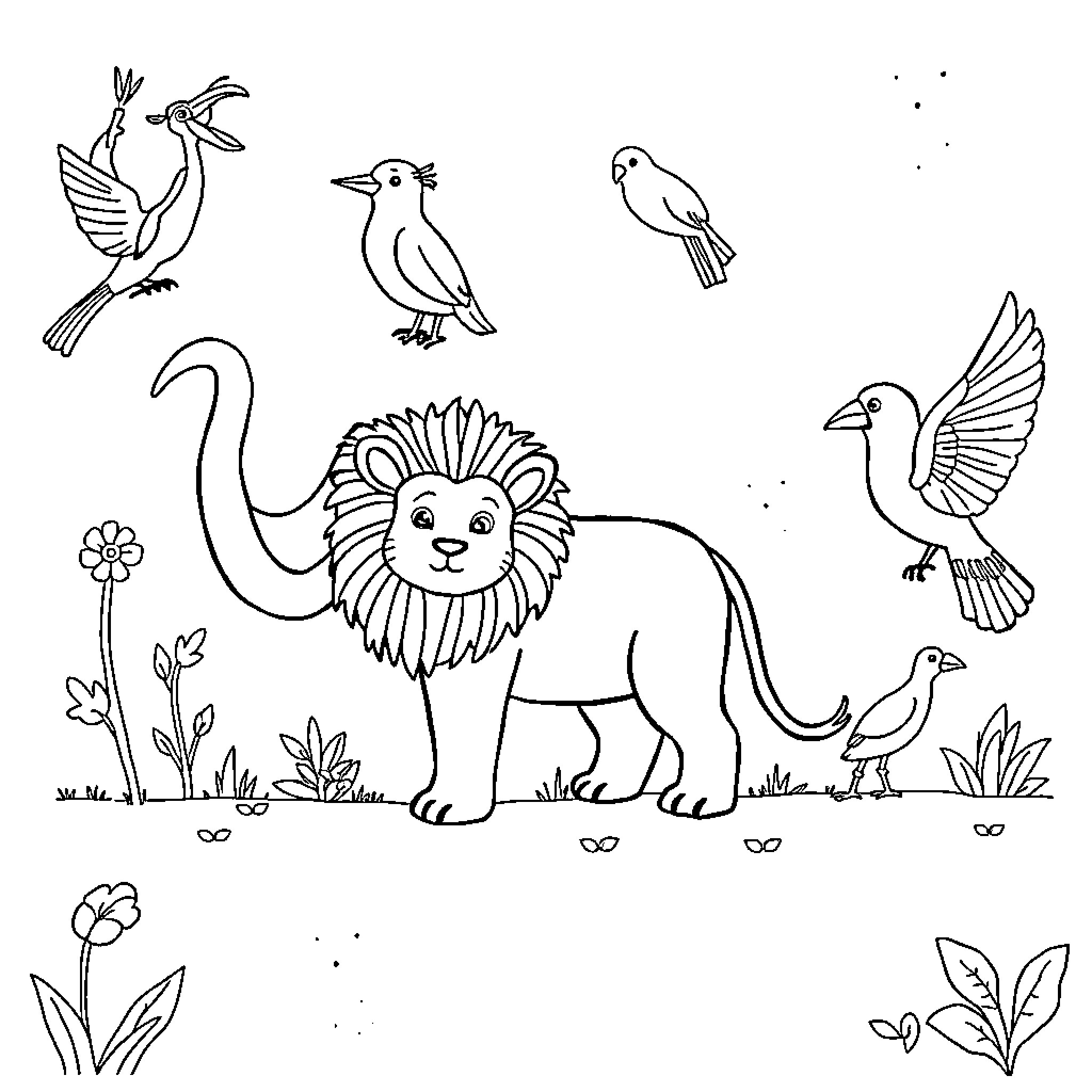 Animal friends in the wild garden Coloring Page (free black-and-white line drawing printable PDF for all, from beginners to advanced learners, including children, teens, adults, and seniors)